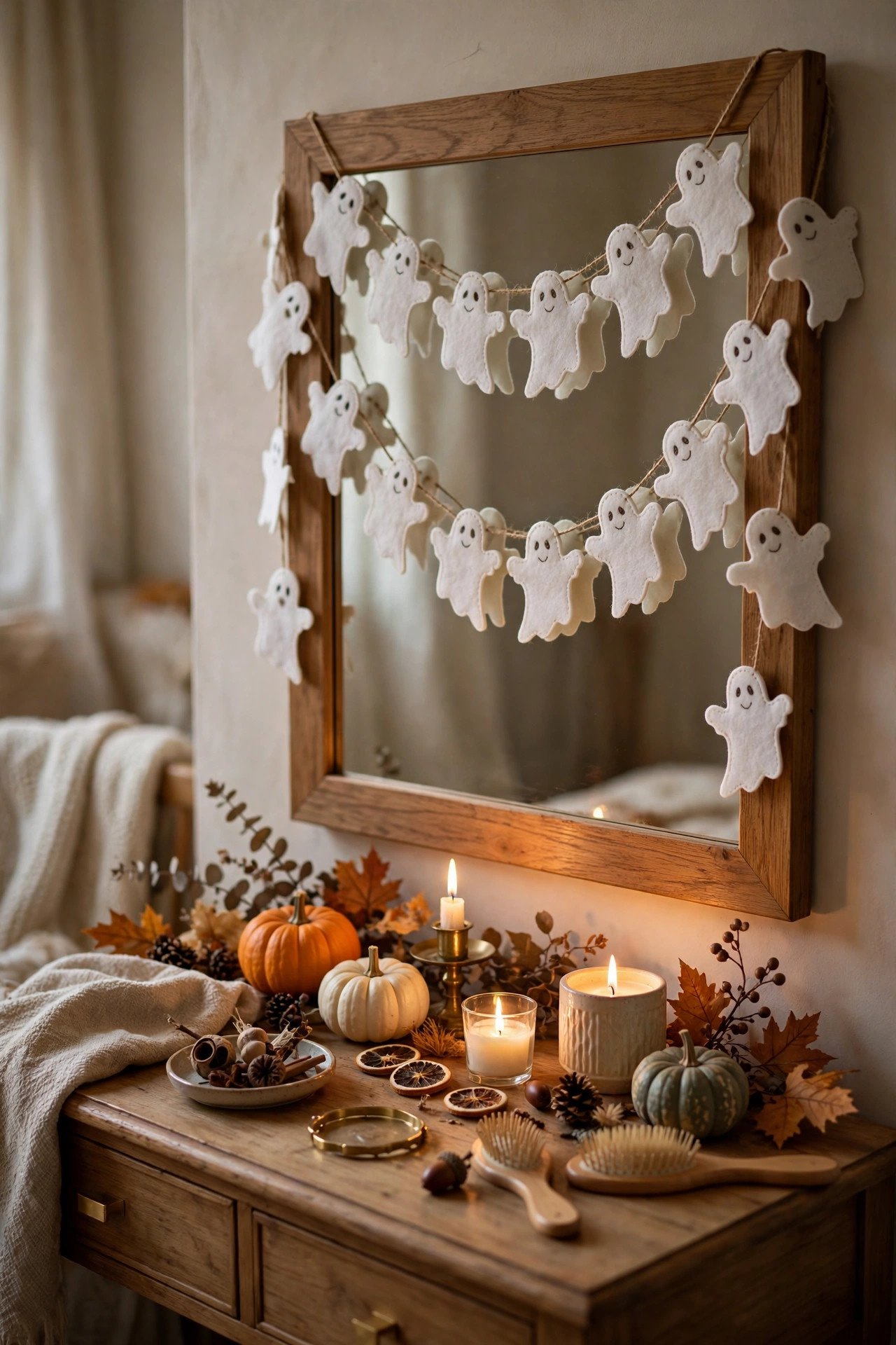 Bedroom vanity corner decorated with a white ghost garland, candles, and autumn decor