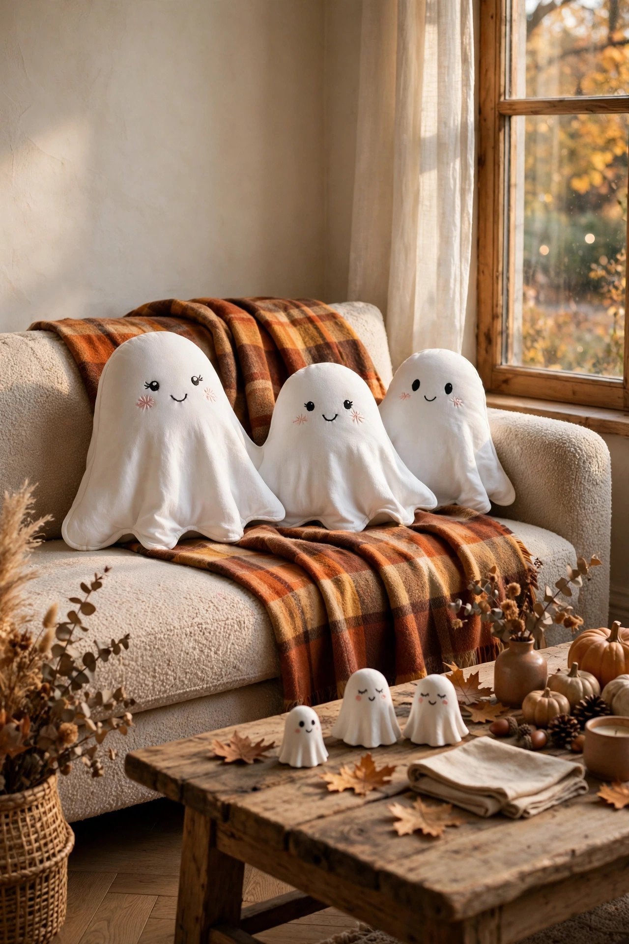 Cute white ghost throw pillows on a sofa with plaid blanket, and small ghost figurines on a rustic coffee table