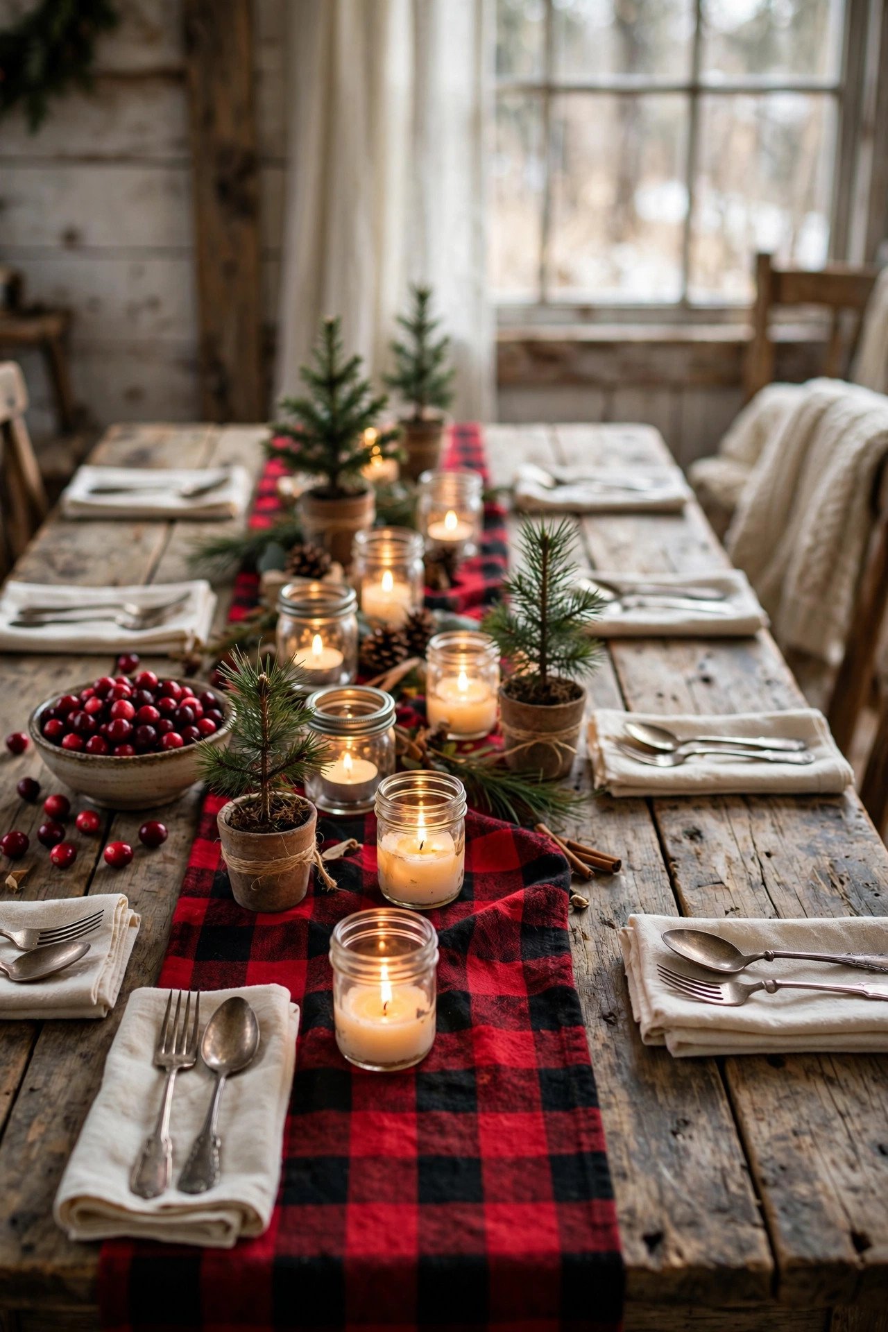 Rustic farmhouse Christmas Tablescape Ideas with buffalo plaid runner, mason jar candles and mini pine place settings (art-1-img-2-1004.jpg)