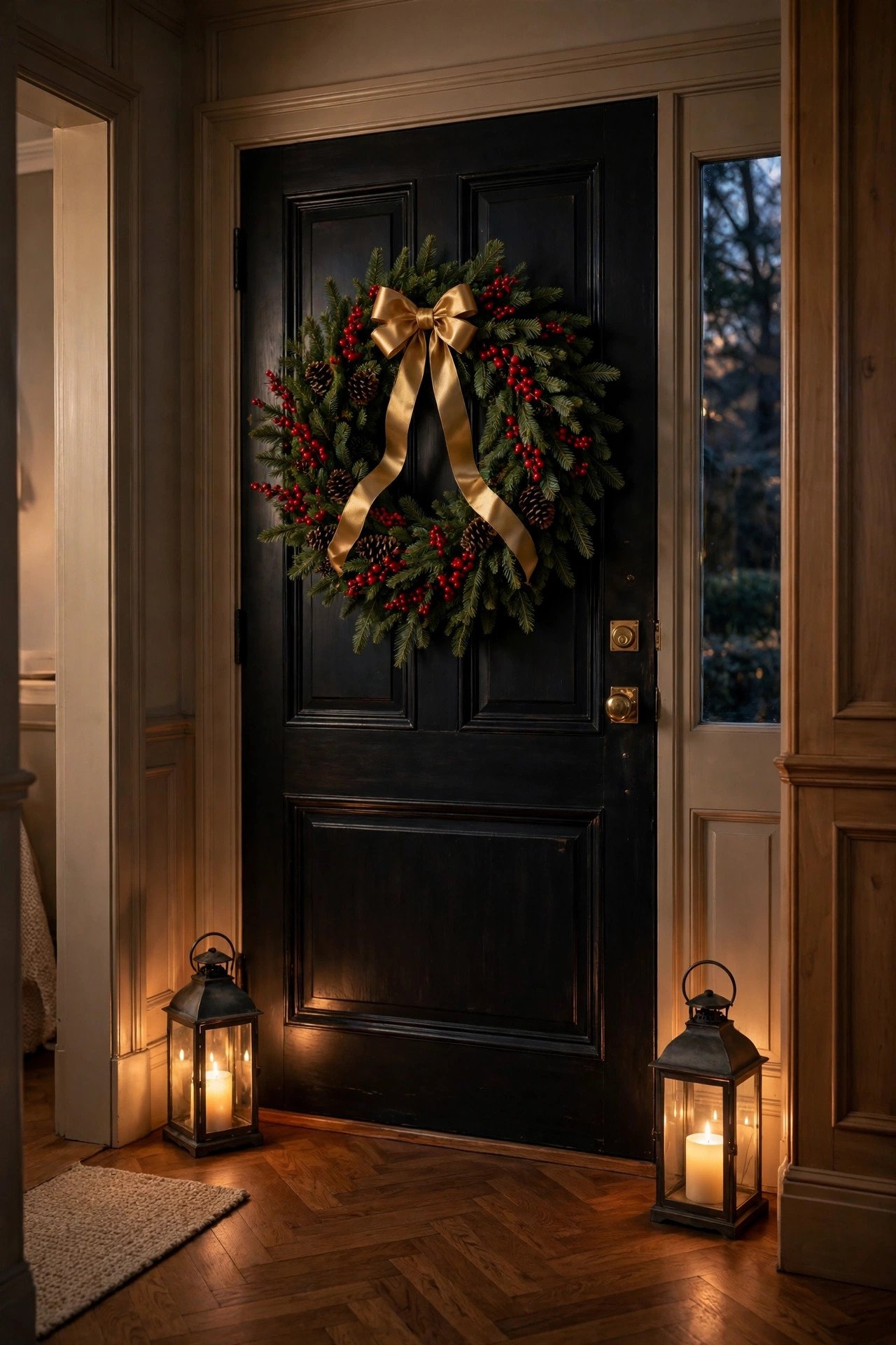 Christmas Entryway Decor with a berry wreath on a dark front door, glowing lanterns and warm evening light (art-1-img-2-1005.jpg)
