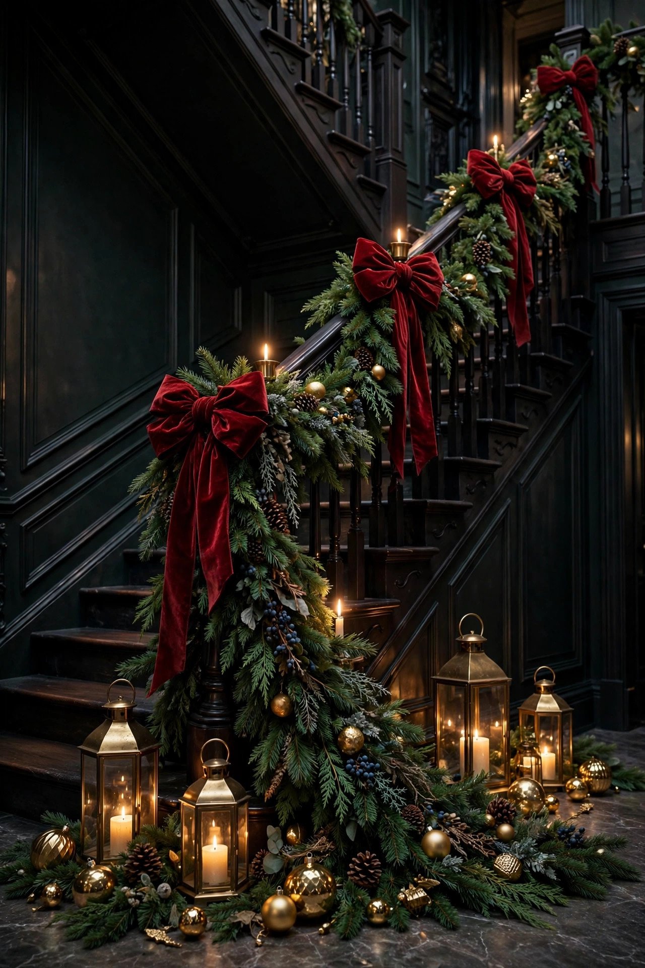 Moody maximalist Christmas staircase decor with red velvet bows, gold ornaments and glowing lanterns on dark wood stairs