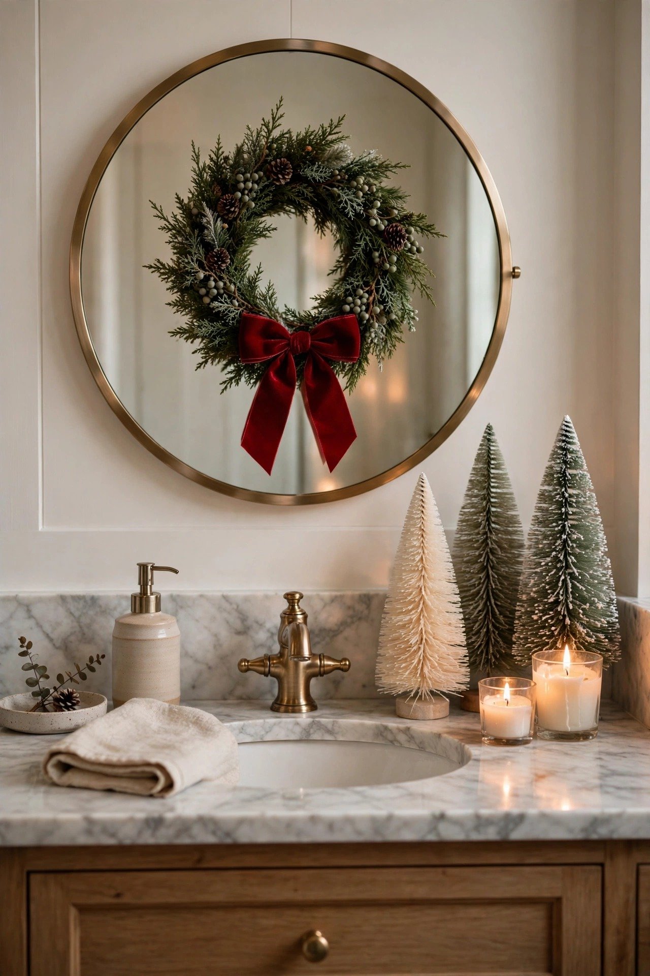 Bathroom vanity mirror with small wreath and bottle brush Christmas trees, festive vanity decor idea