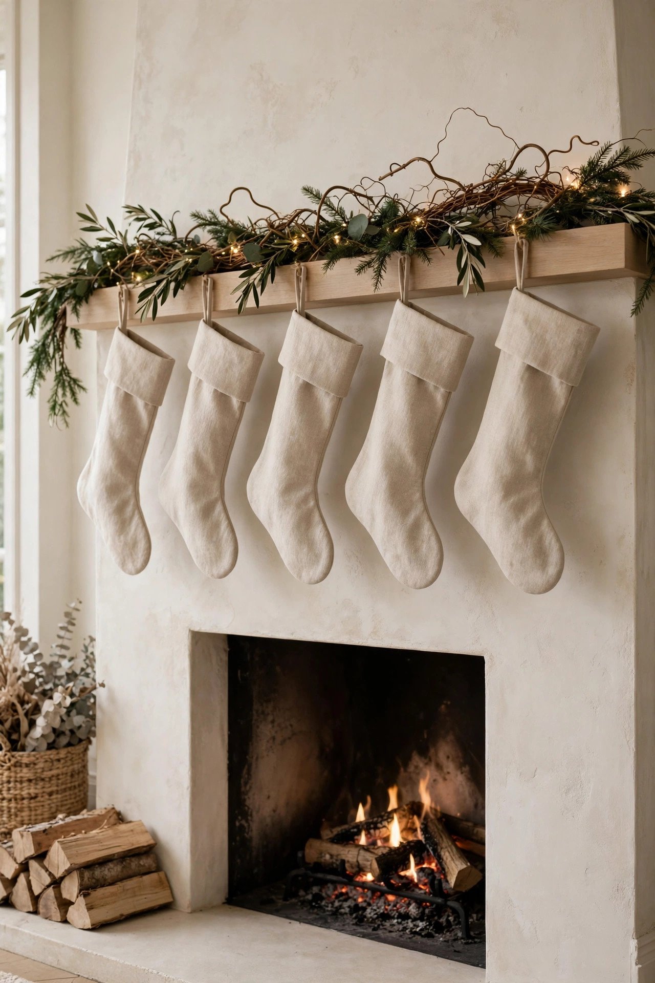 Christmas Fireplace Decor mantel with monochrome linen stockings and warm hidden fairy lights in foraged evergreen garland