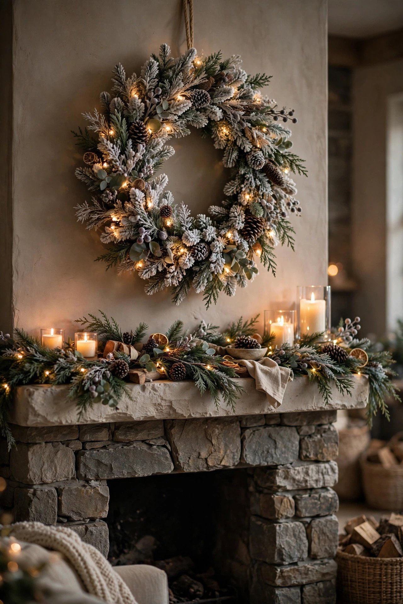 Flocked Christmas wreath with fairy lights above a stone fireplace mantel