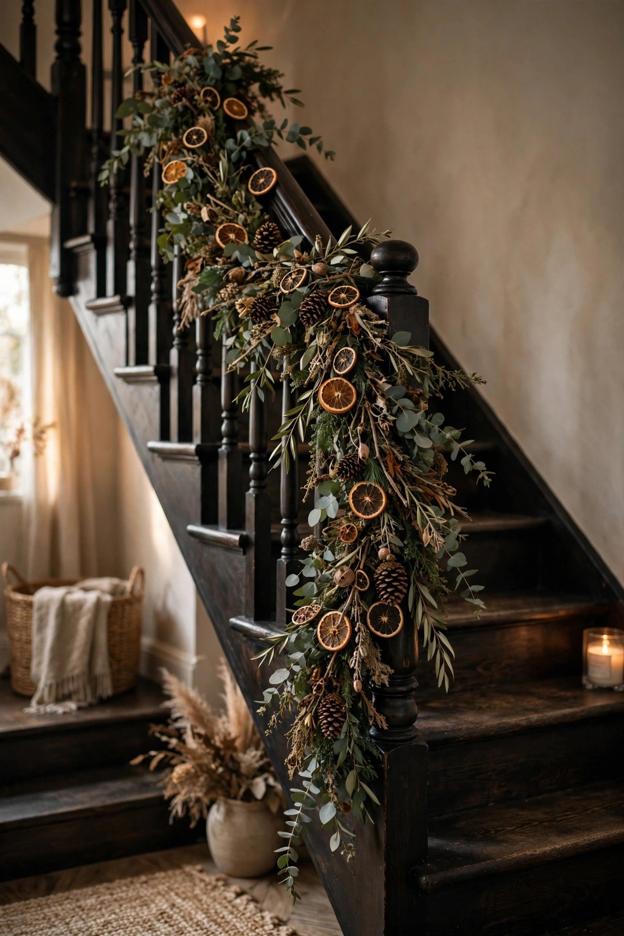 Christmas Garland Ideas: asymmetric foraged garland with dried orange slices, pinecones, and eucalyptus cascading down a dark wooden staircase banister