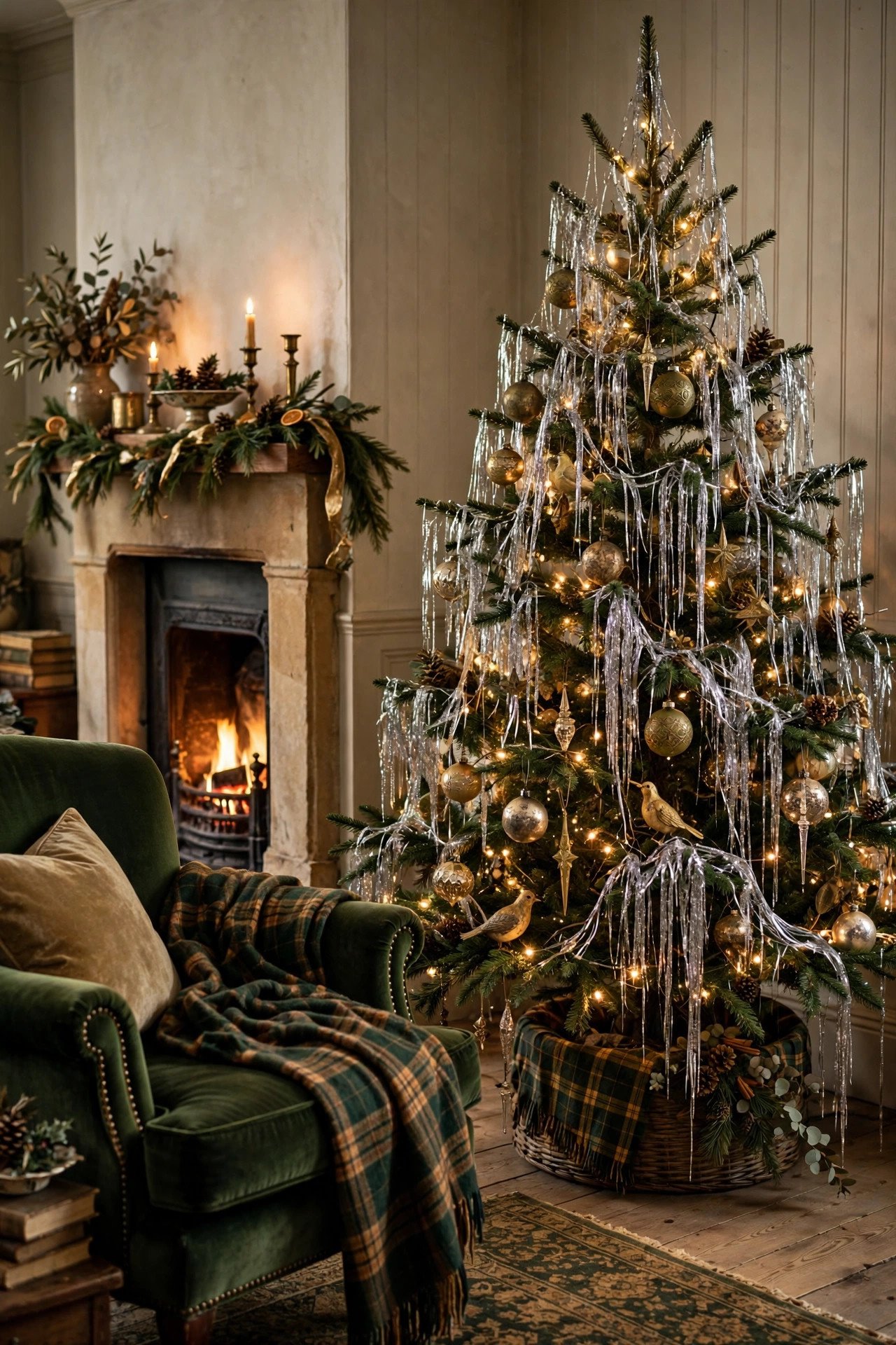 Christmas tree draped in silver lametta tinsel beside a fireplace with a green velvet chair — vintage christmas decor