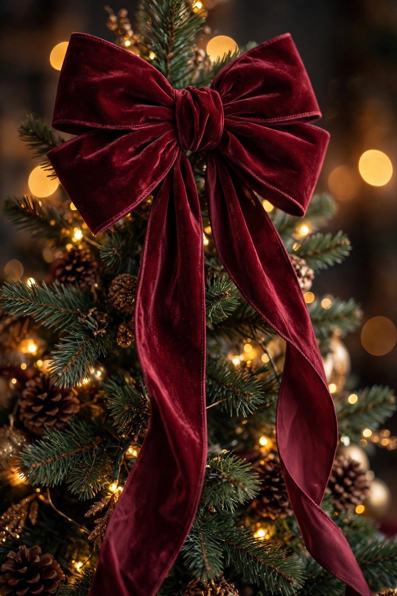 Oversized burgundy velvet bow Christmas tree ribbon topper with cascading tails