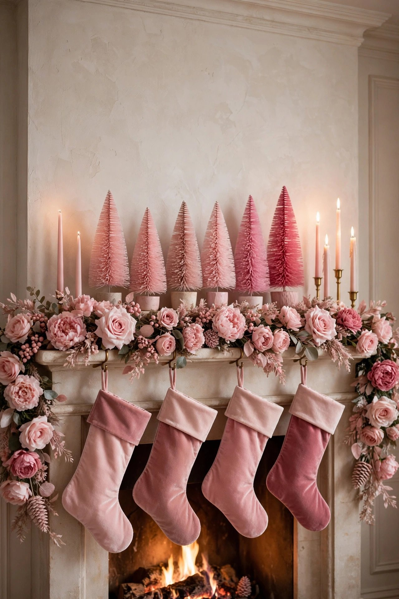 Pink Christmas mantel styling with faux pink rose garland, velvet pink stockings, bottle-brush trees and taper candles