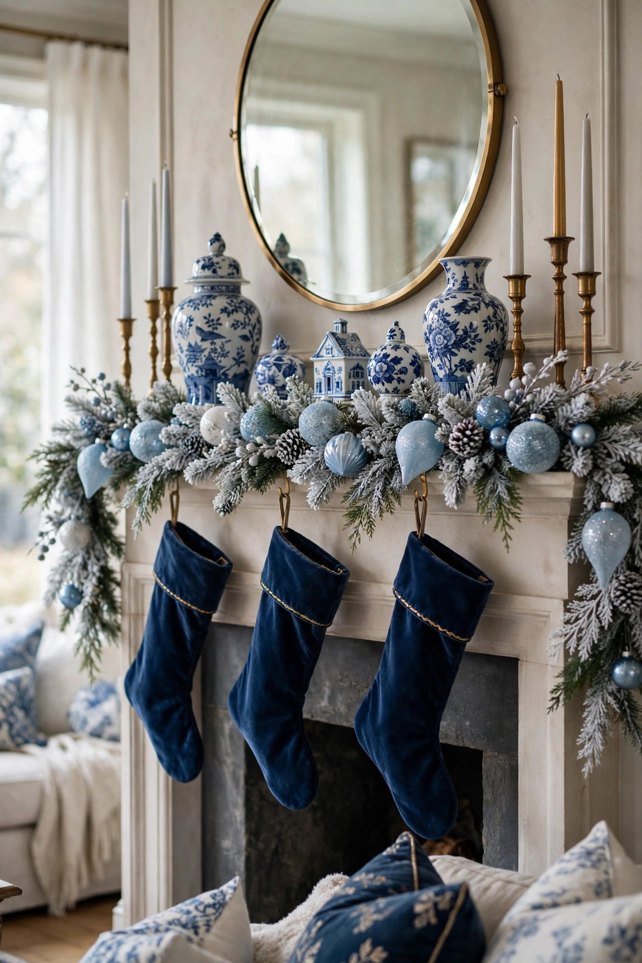 Blue Christmas mantel styling with flocked garland, blue and white chinoiserie vases, navy velvet stockings and brass candle holders