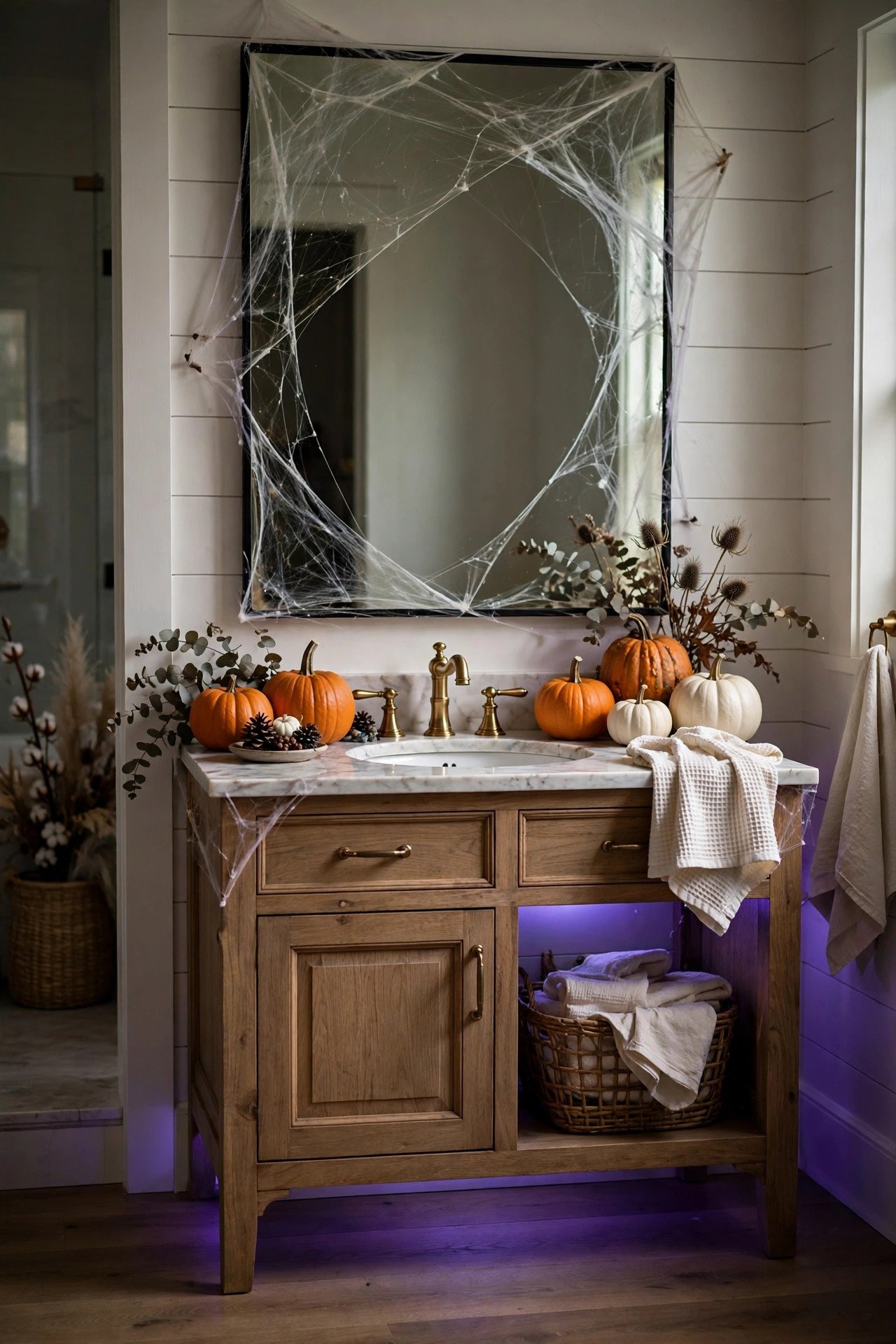 Farmhouse bathroom vanity with orange and white pumpkins, spiderweb-draped mirror and purple LED accent lighting