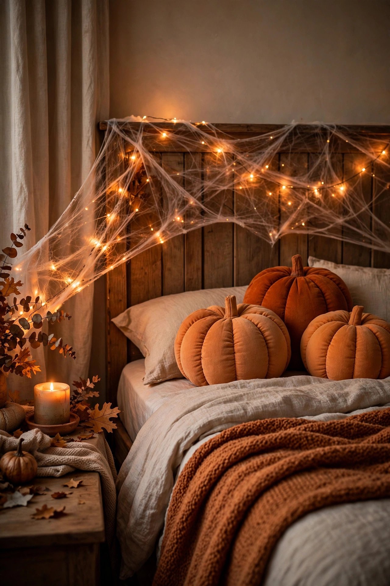 Cozy bedroom corner with fairy lights woven through faux spiderwebs and pumpkin pillows