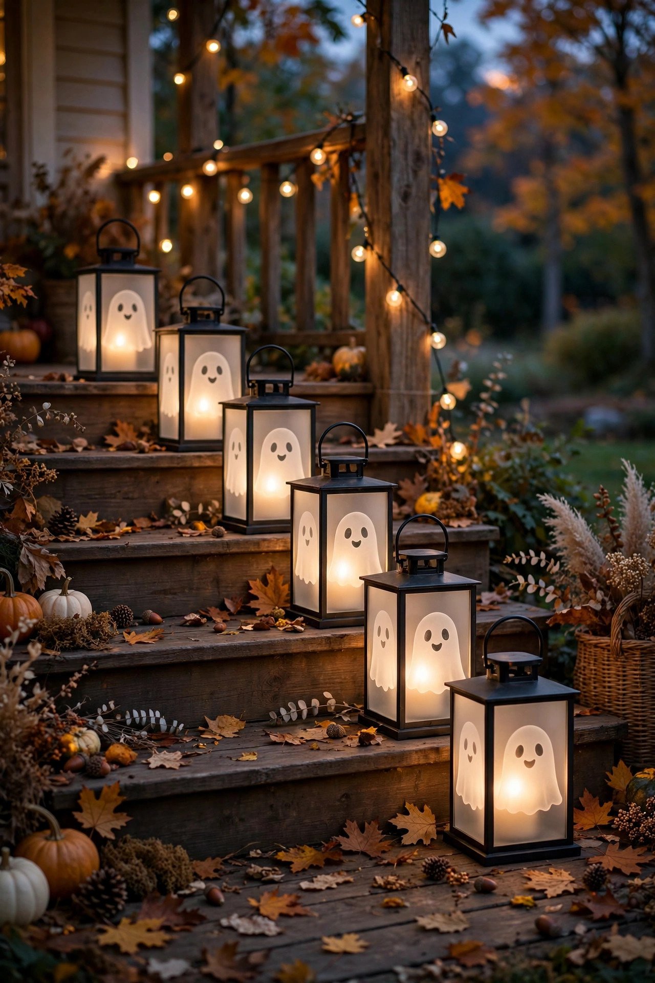 Glowing white ghost lanterns lined up on wooden porch steps at dusk with string lights and fall leaves