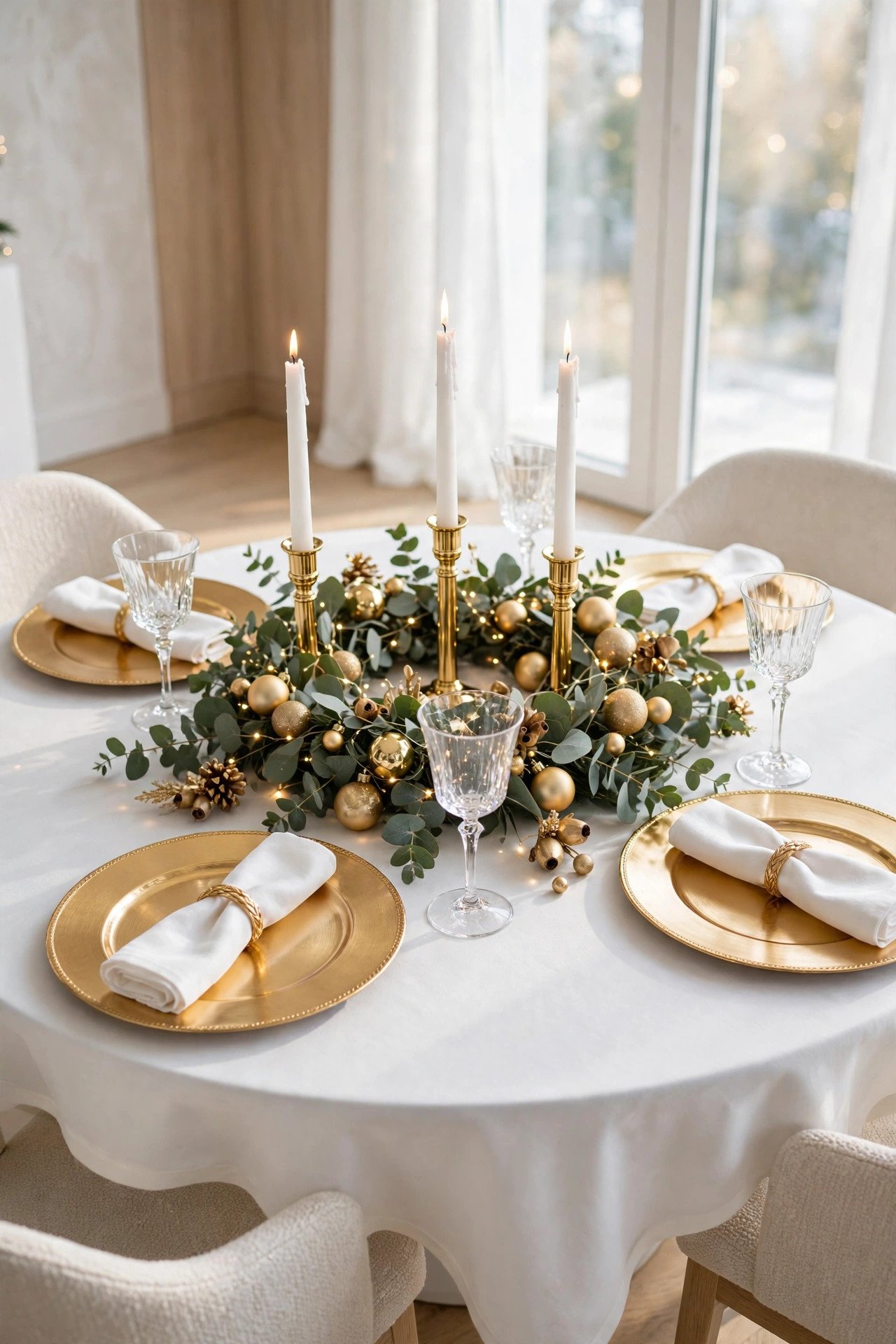 Elegant white and gold Christmas Tablescape Ideas with eucalyptus wreath, gold ornaments and tall taper candles (art-1-img-3-1004.jpg)