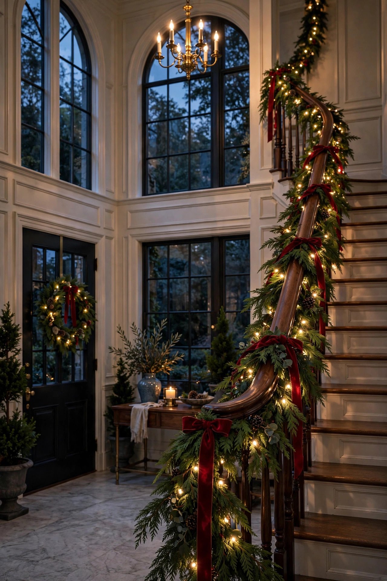 Christmas Entryway Decor with cedar garland and fairy lights wrapped around a staircase banister in a glowing foyer (art-1-img-3-1005.jpg)