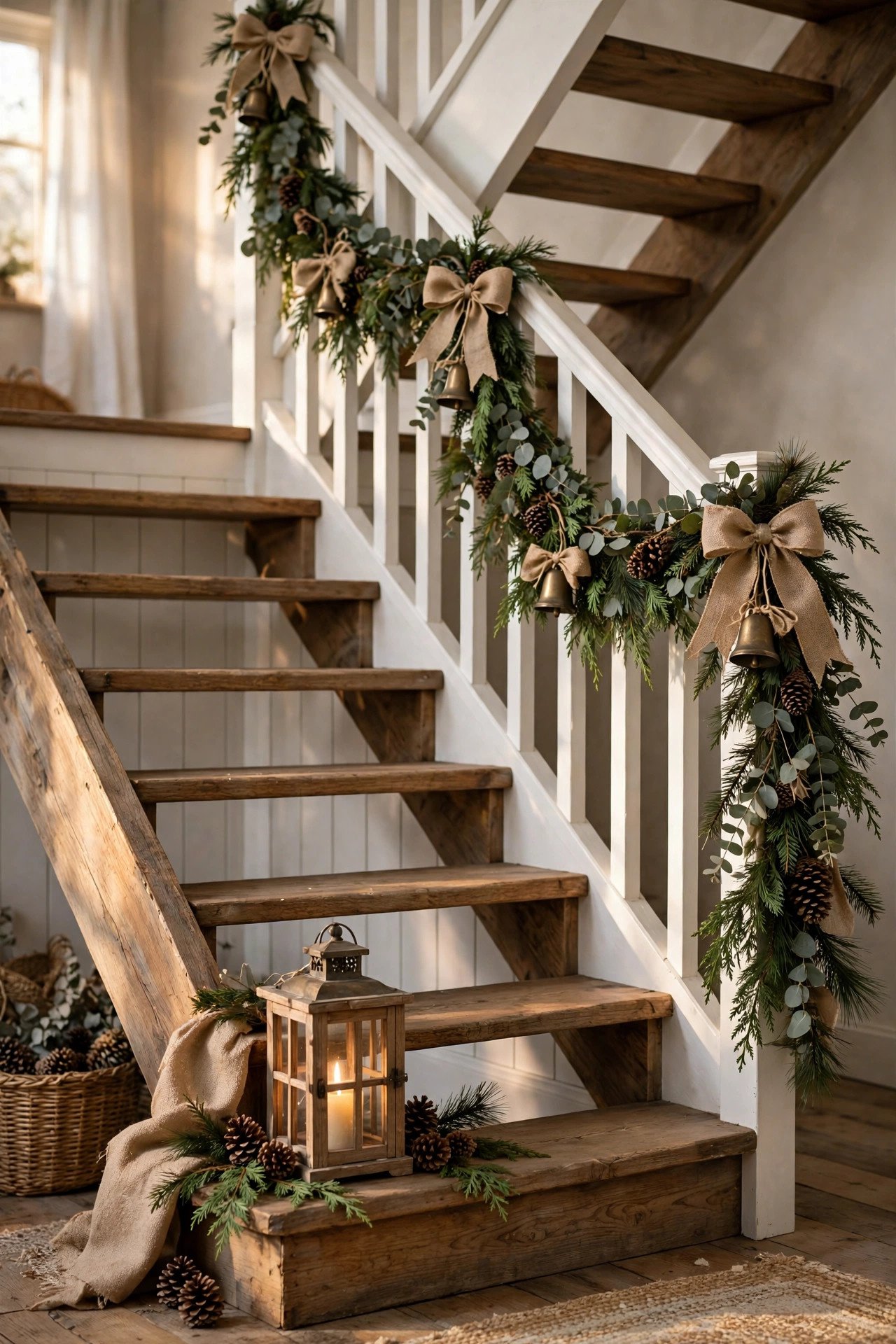 Farmhouse Christmas staircase decor with eucalyptus garland, burlap bows, brass bells and a glowing lantern on wooden steps