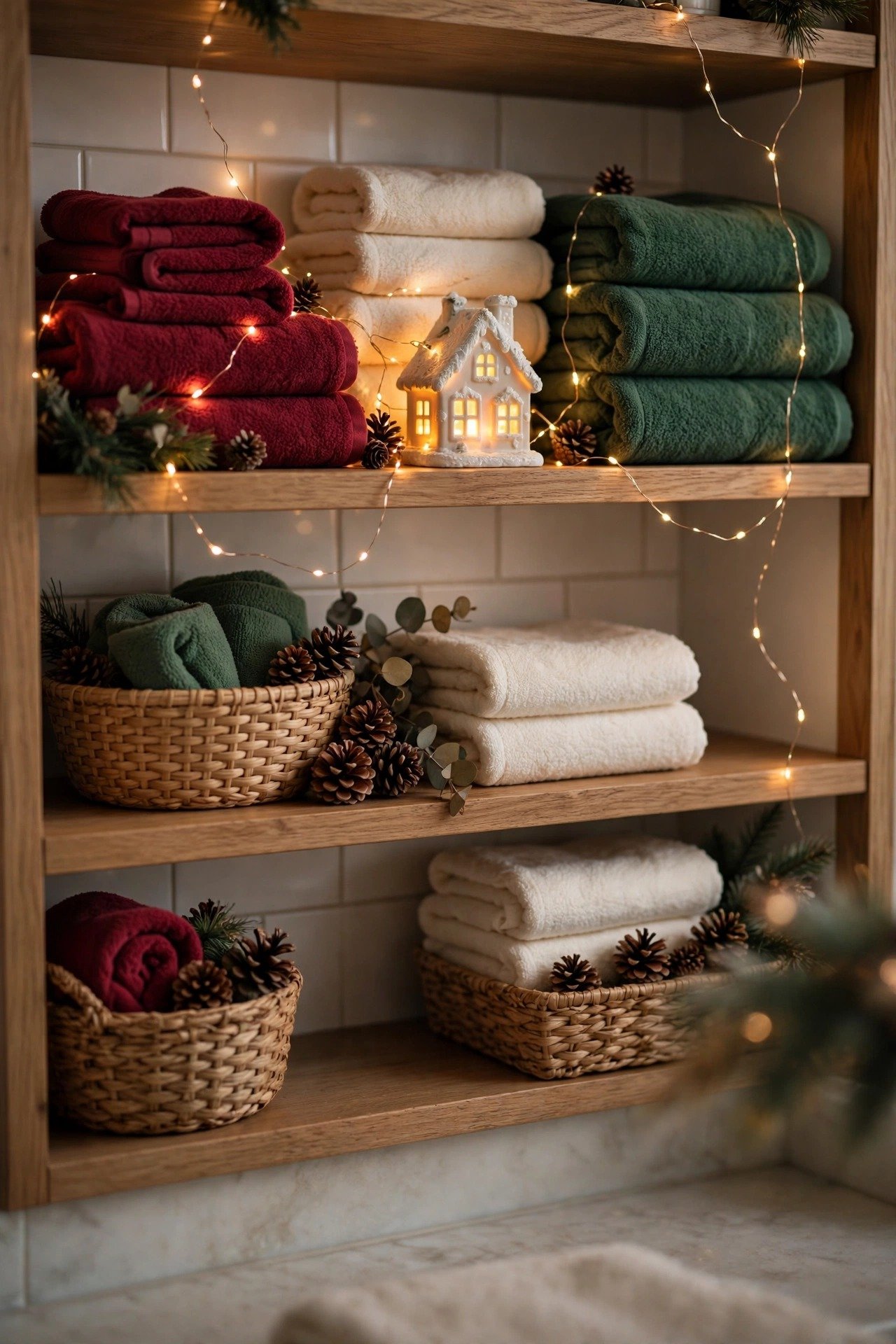 Open bathroom shelf styled with glowing miniature Christmas house and folded holiday towels