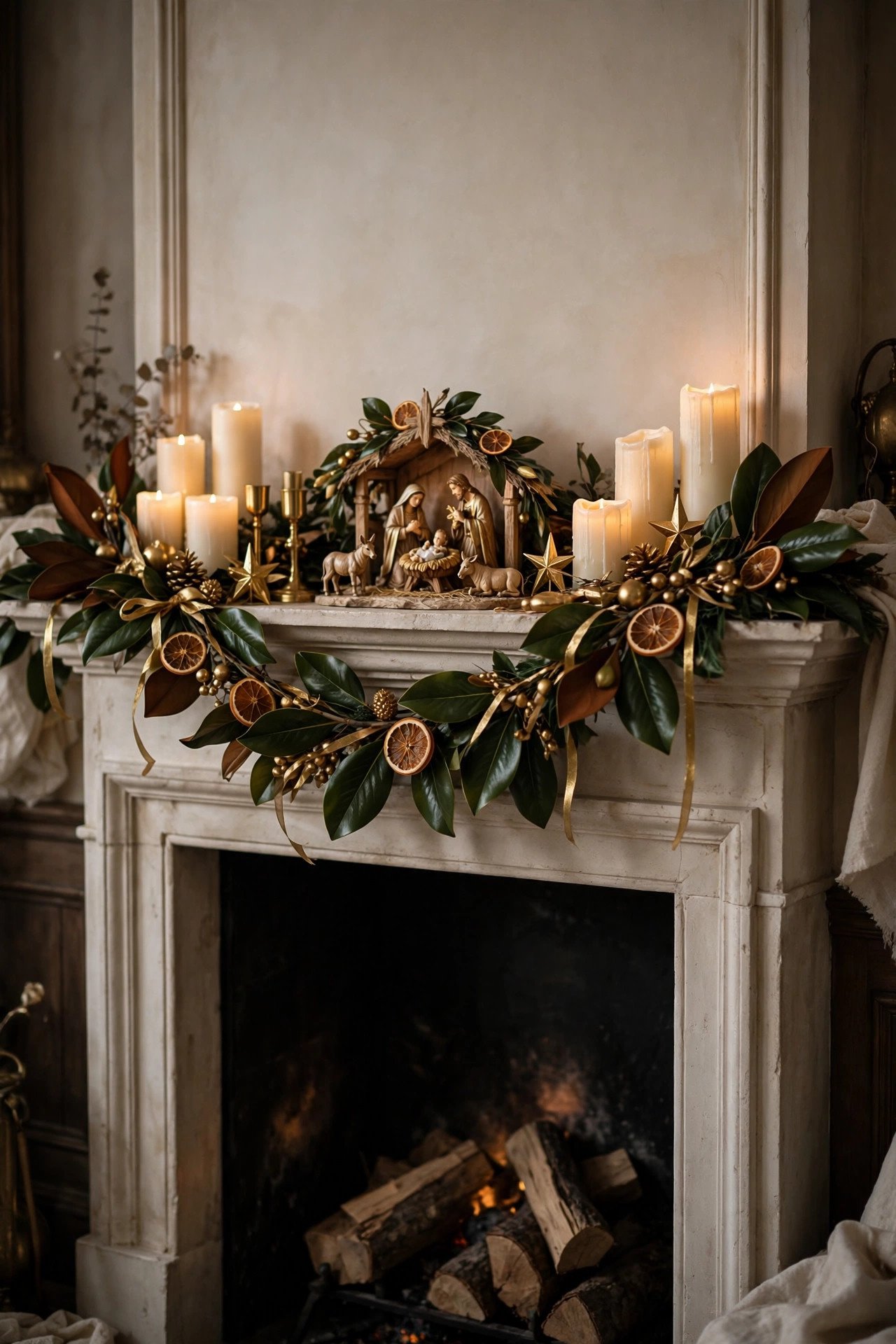 Elegant Christmas Fireplace Decor with magnolia leaves, dried oranges, gold accents and a nativity scene focal point