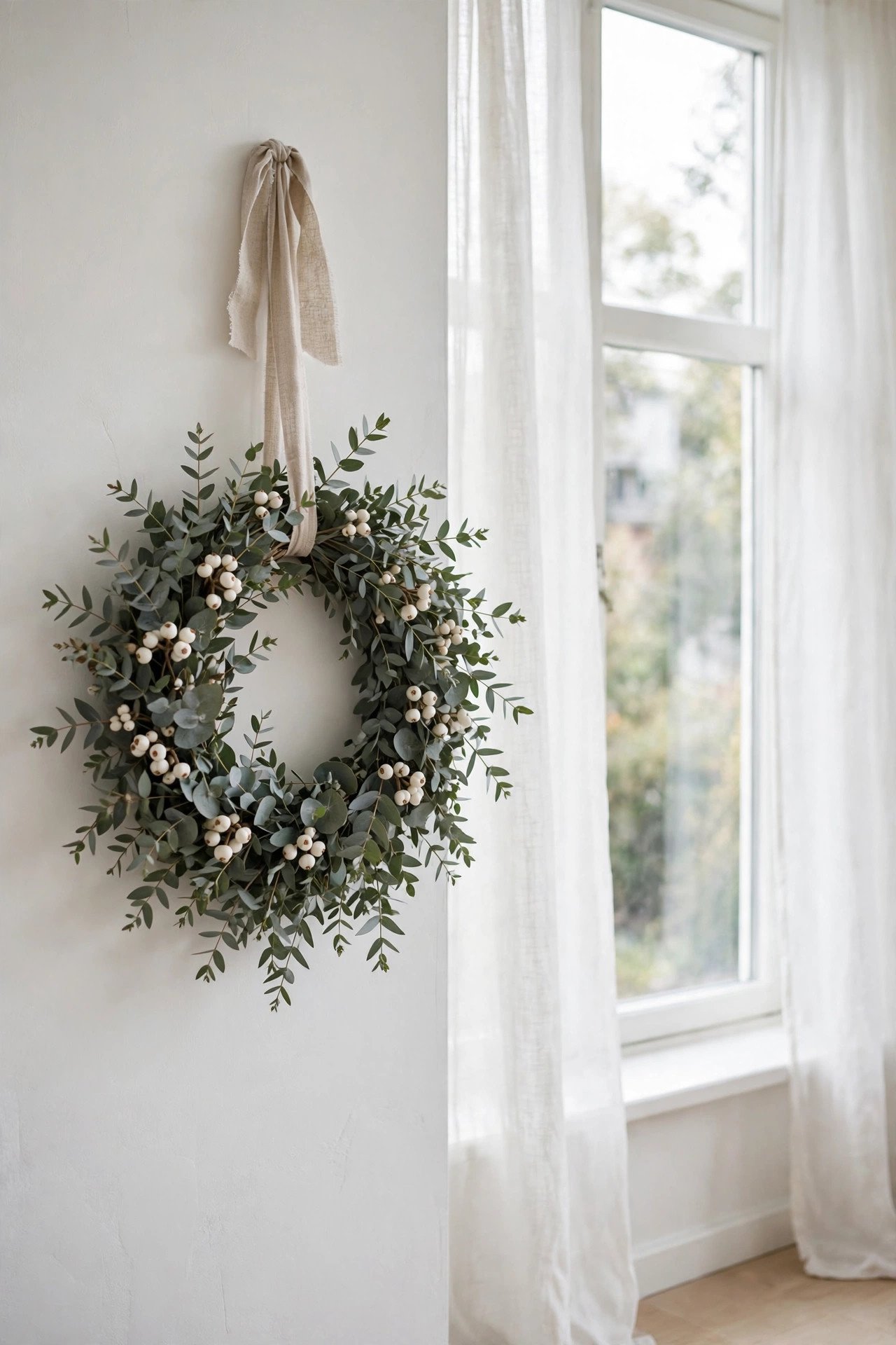 Minimalist eucalyptus Christmas wreath on a white wall