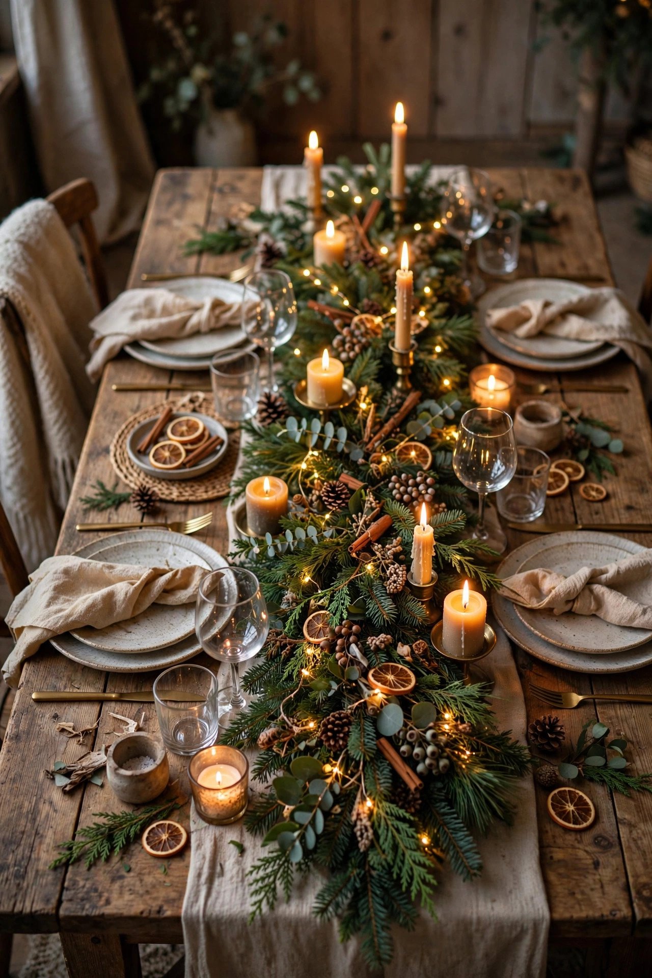 Christmas Garland Ideas: layered garland centerpiece with fairy lights woven through greenery down the middle of a rustic wooden dining table with candles