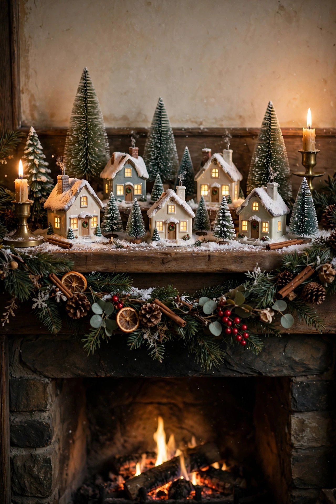 Miniature ceramic Christmas village with glowing houses and bottle-brush trees on a decorated mantel — vintage christmas decor