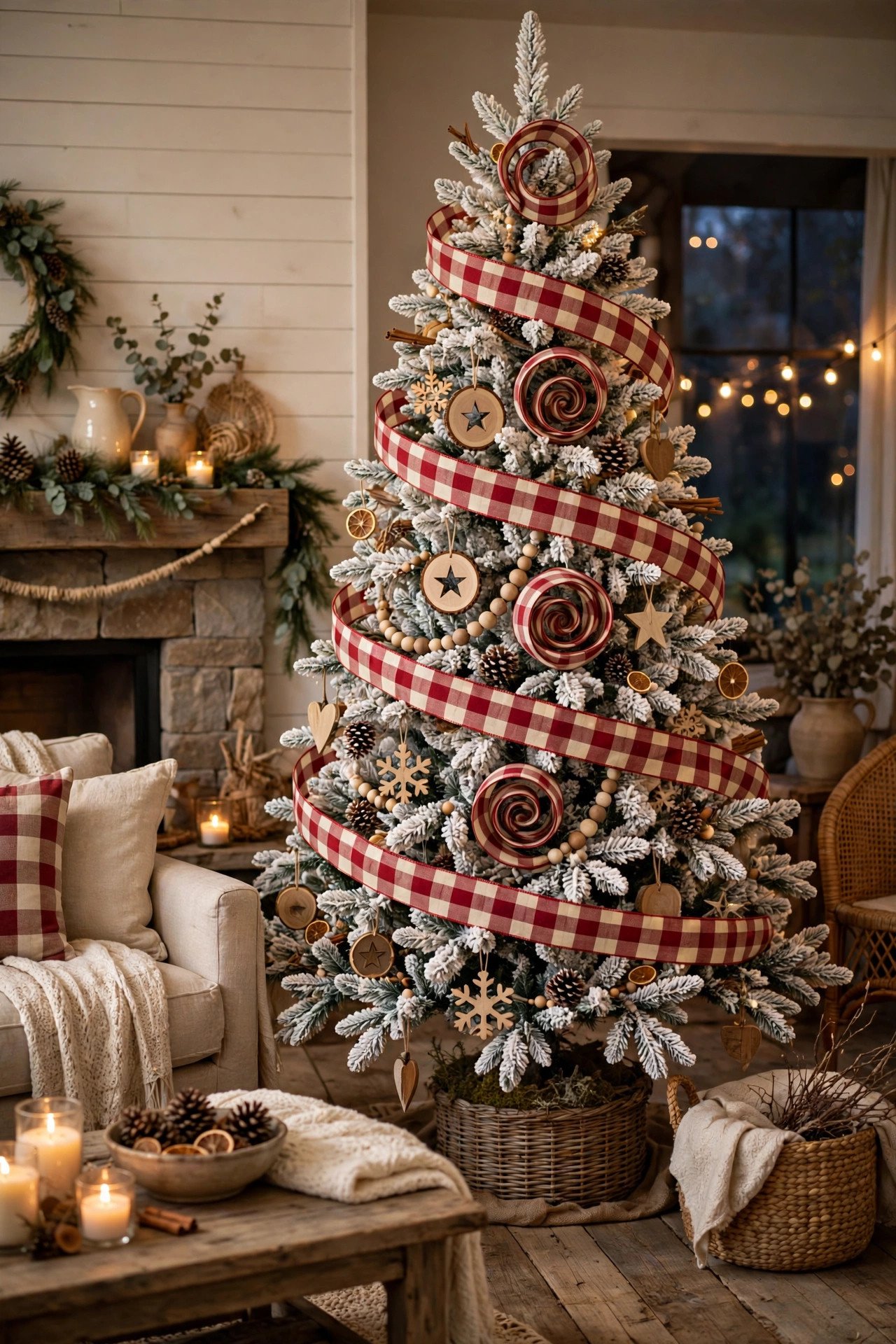 Red plaid Christmas tree ribbon woven in loops through a flocked farmhouse tree