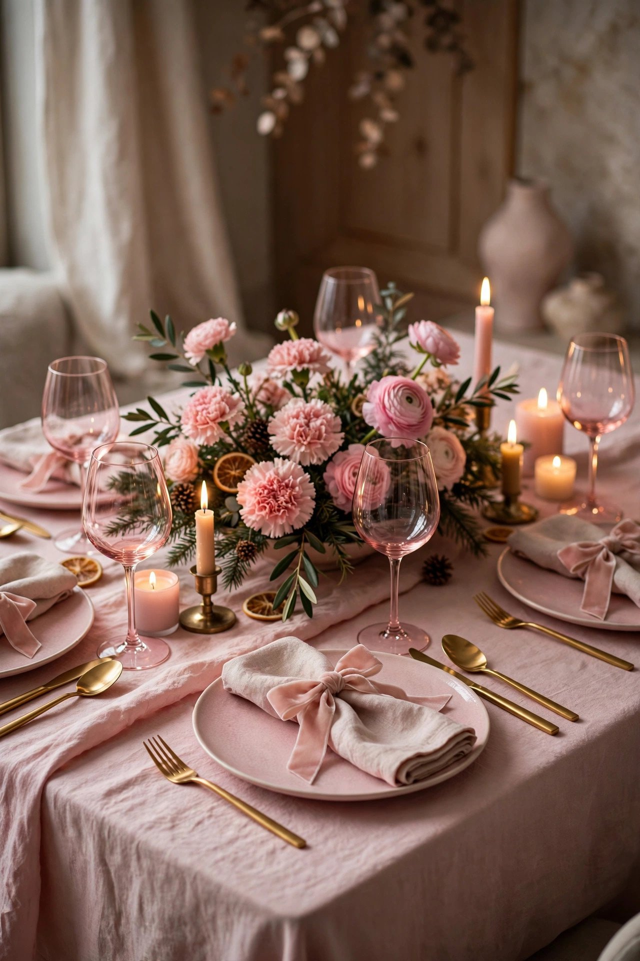 Elegant pink Christmas tablescape with blush tablecloth, pink chargers, gold flatware, pink carnation centerpiece and velvet ribbon napkins