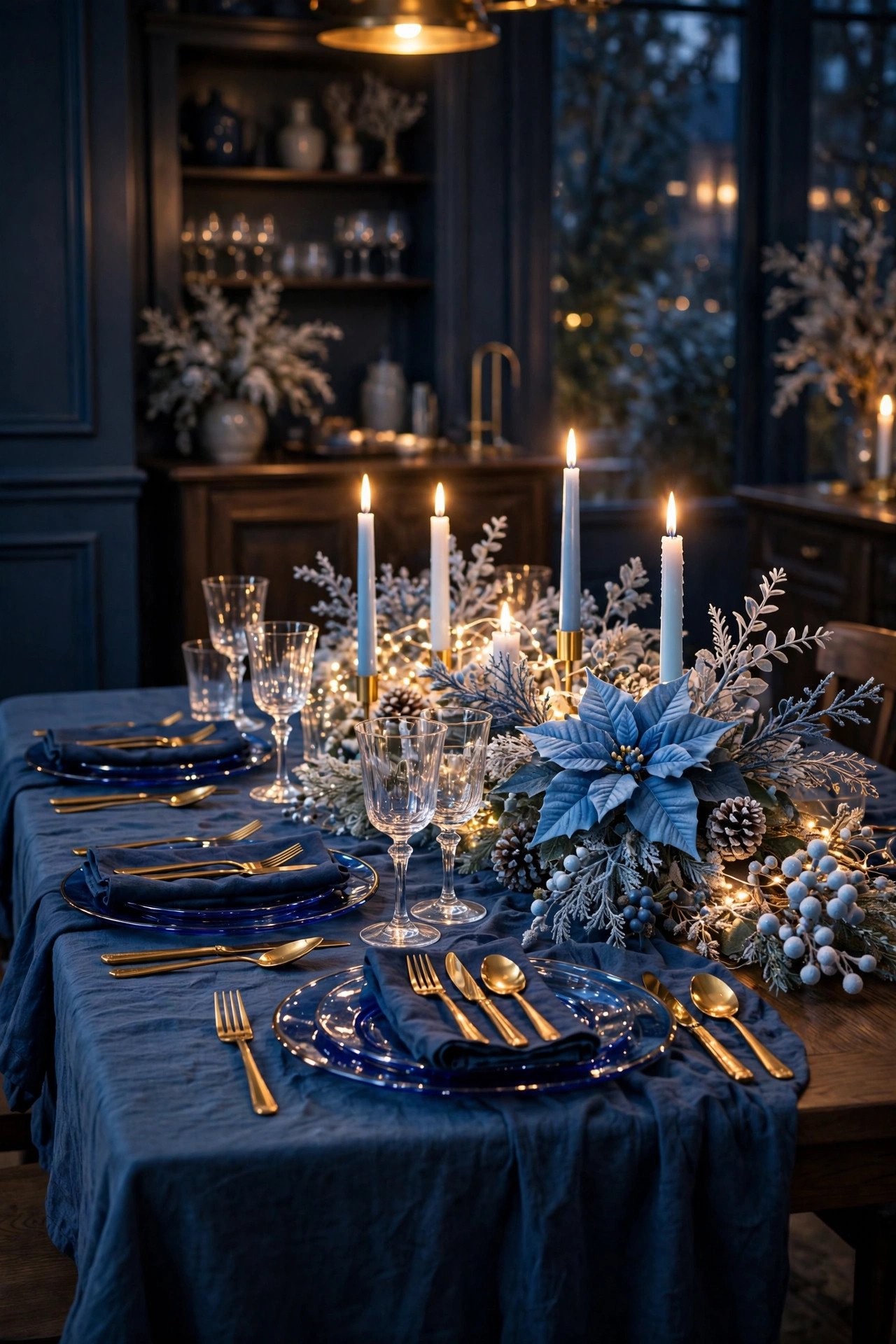 Icy blue Christmas tablescape with midnight blue tablecloth, cobalt glass chargers, gold flatware, blue poinsettia centerpiece and taper candles