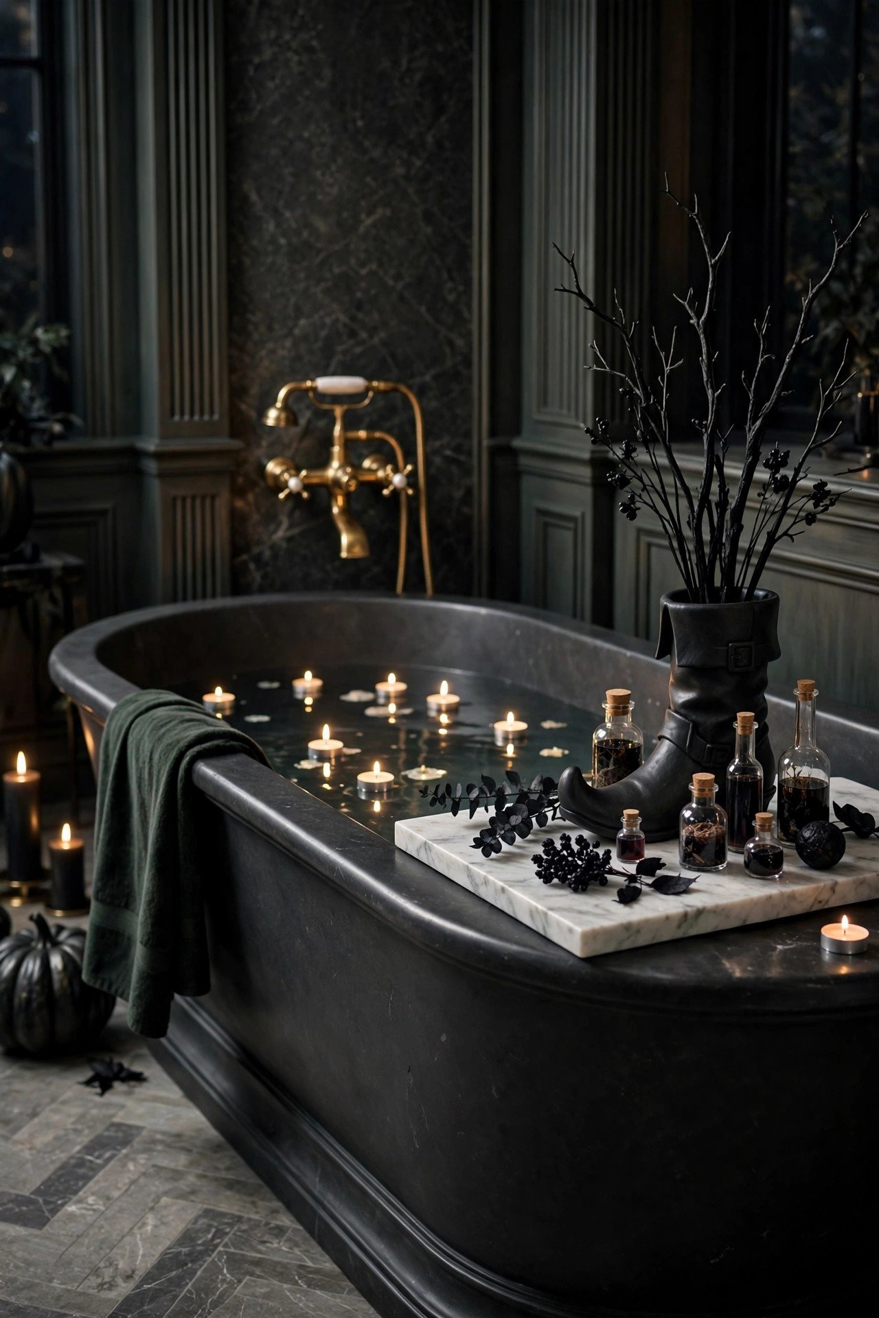 Luxurious freestanding bathtub with floating candles, witch boot vase with black branches and potion bottles on a marble tray