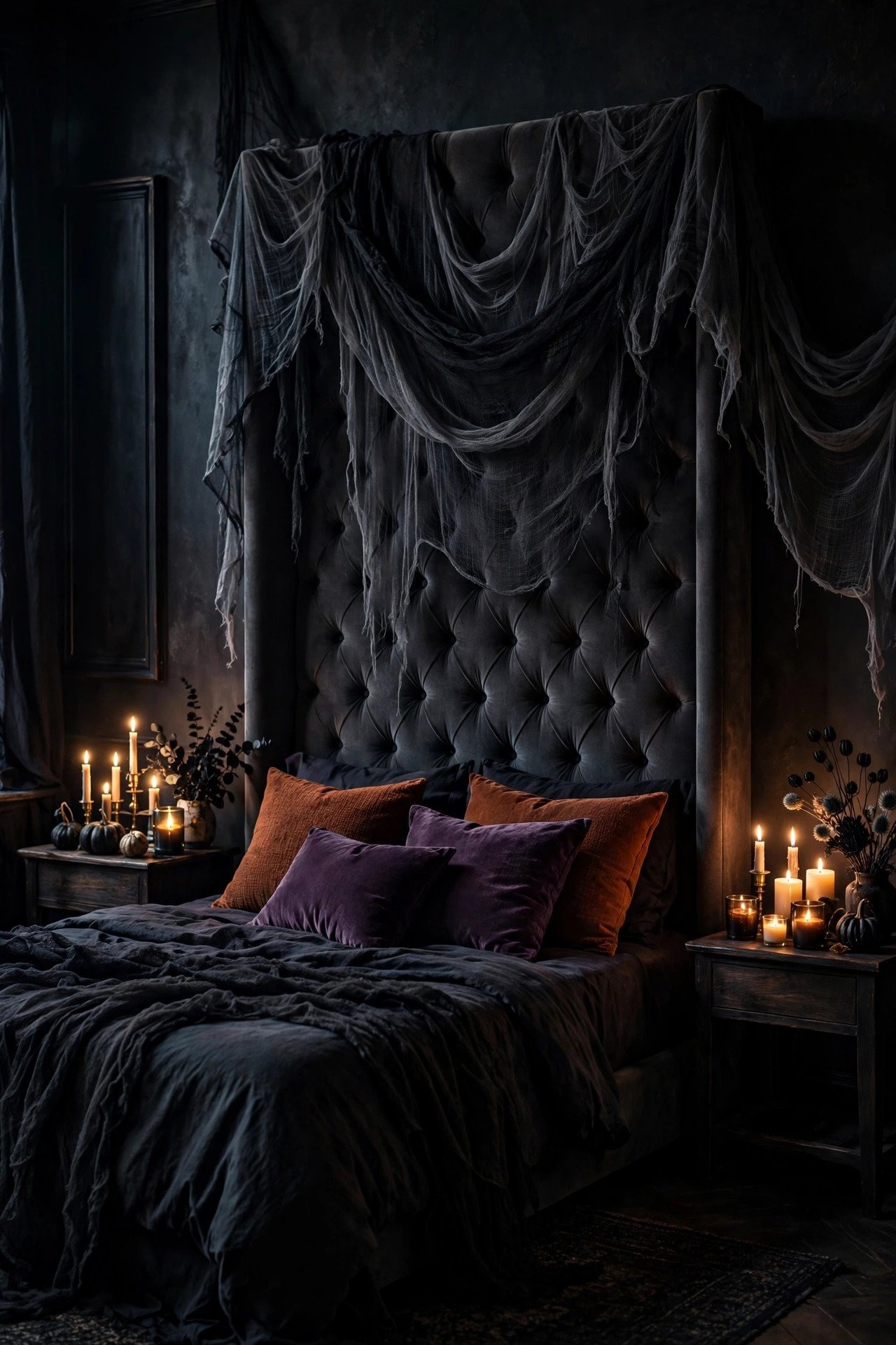 Moody bedroom with gauzy black fabric draped over the headboard, candles, and autumn pillows