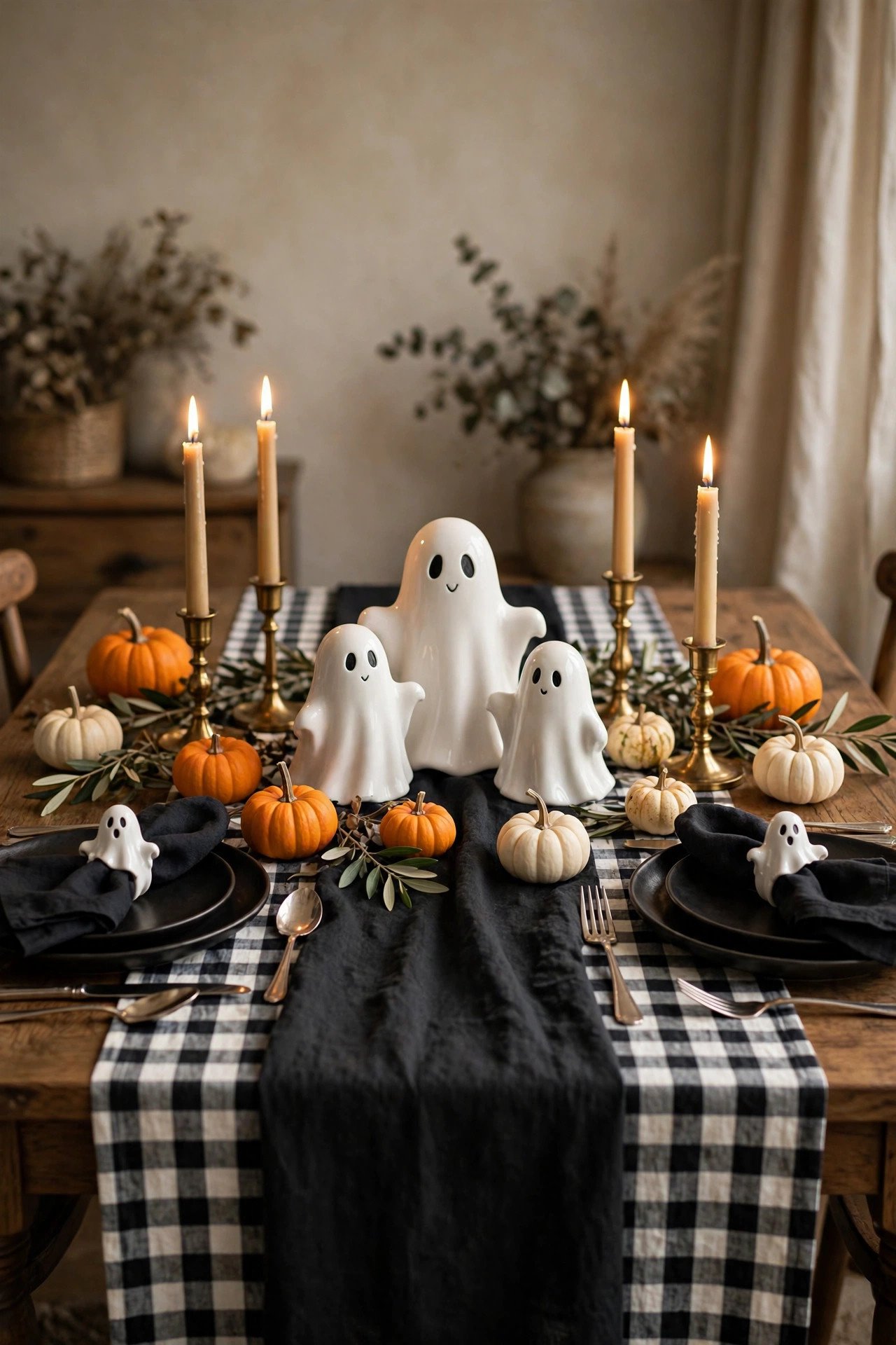 Elegant Halloween dining table setting with white ghost figurines, taper candles, pumpkins and black linens