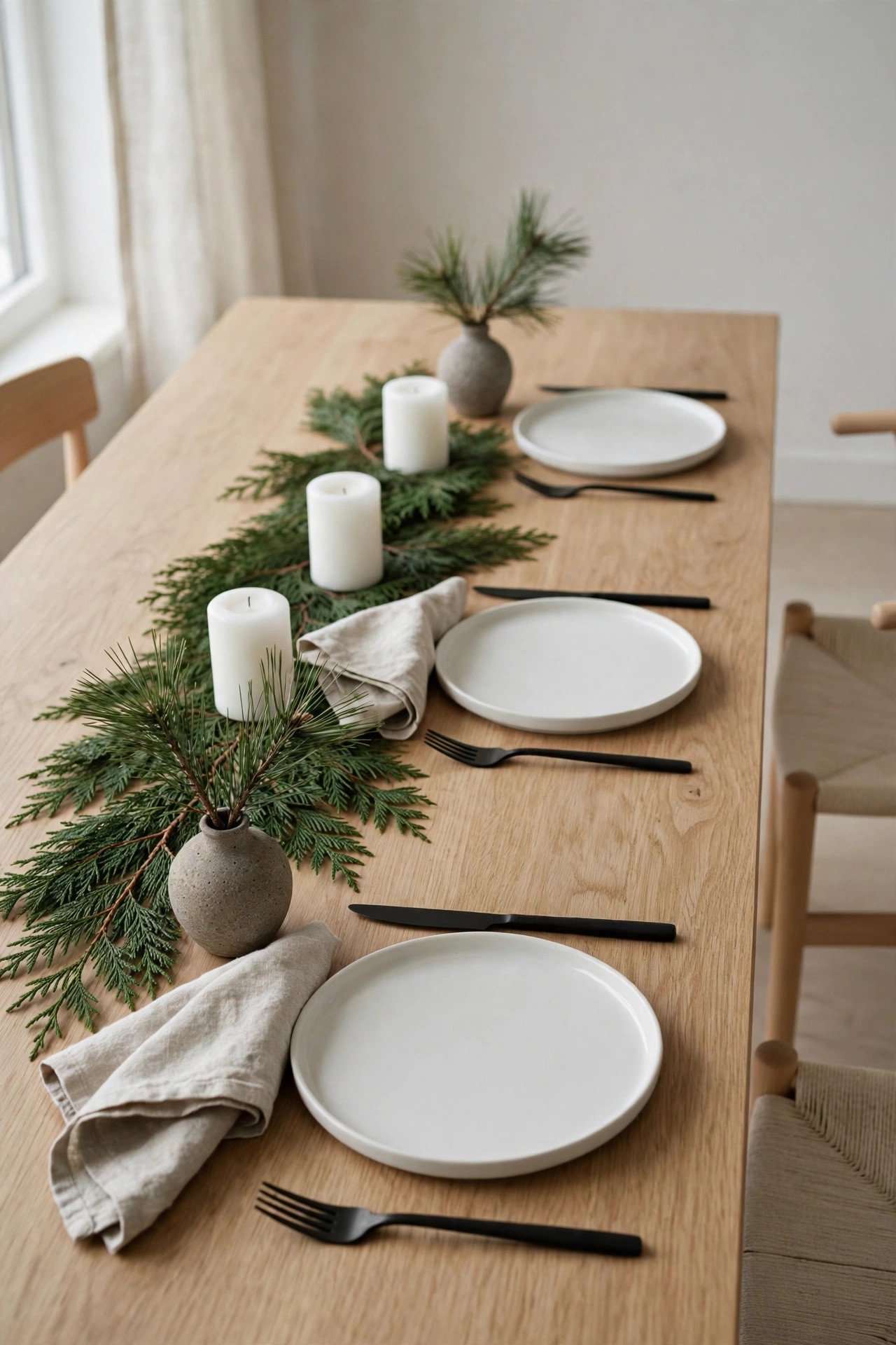 Minimalist Scandinavian Christmas Tablescape Ideas with pine sprigs, stoneware vases and white pillar candles (art-1-img-4-1004.jpg)