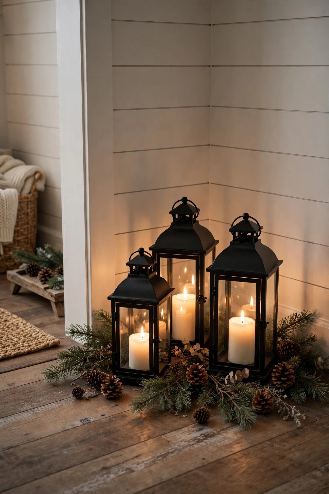 Christmas Entryway Decor with a cluster of glowing lanterns, pine branches and pinecones in a cozy corner (art-1-img-4-1005.jpg)