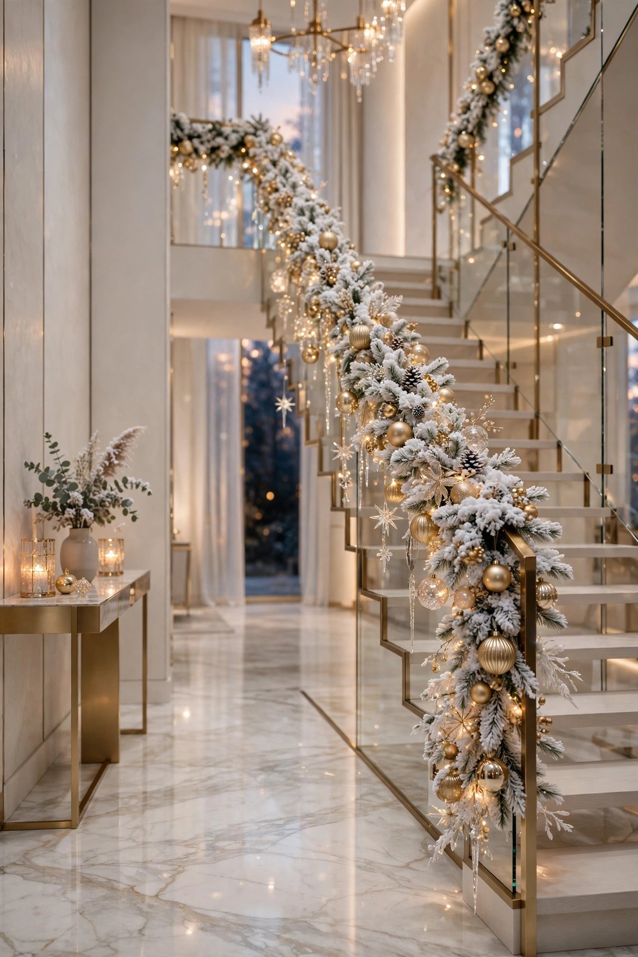 Modern glam Christmas staircase decor with flocked garland, champagne gold ornaments and crystal accents on a glass and brass railing