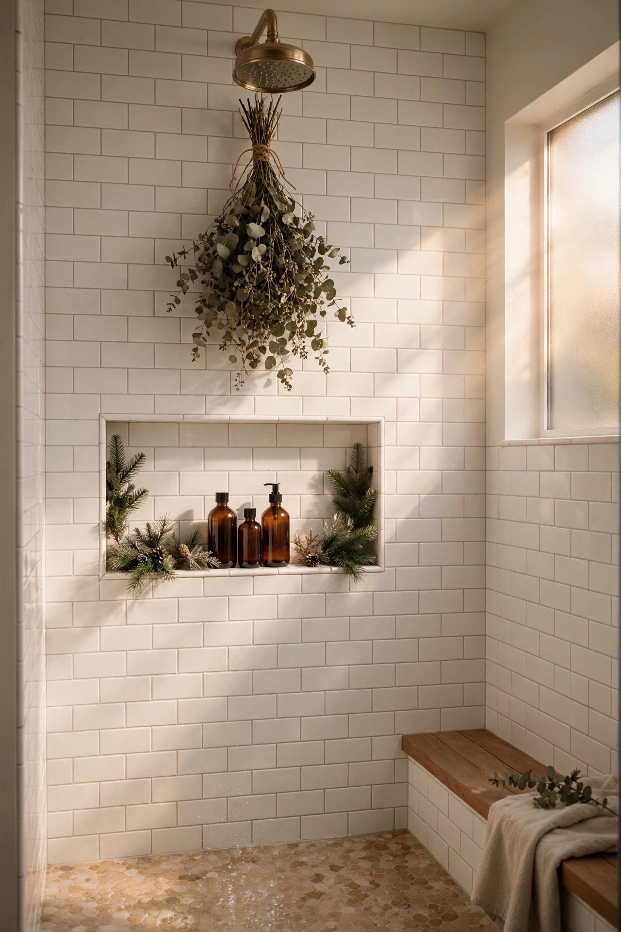 Walk-in shower decorated with eucalyptus and small pine sprigs, spa-like Christmas bathroom styling