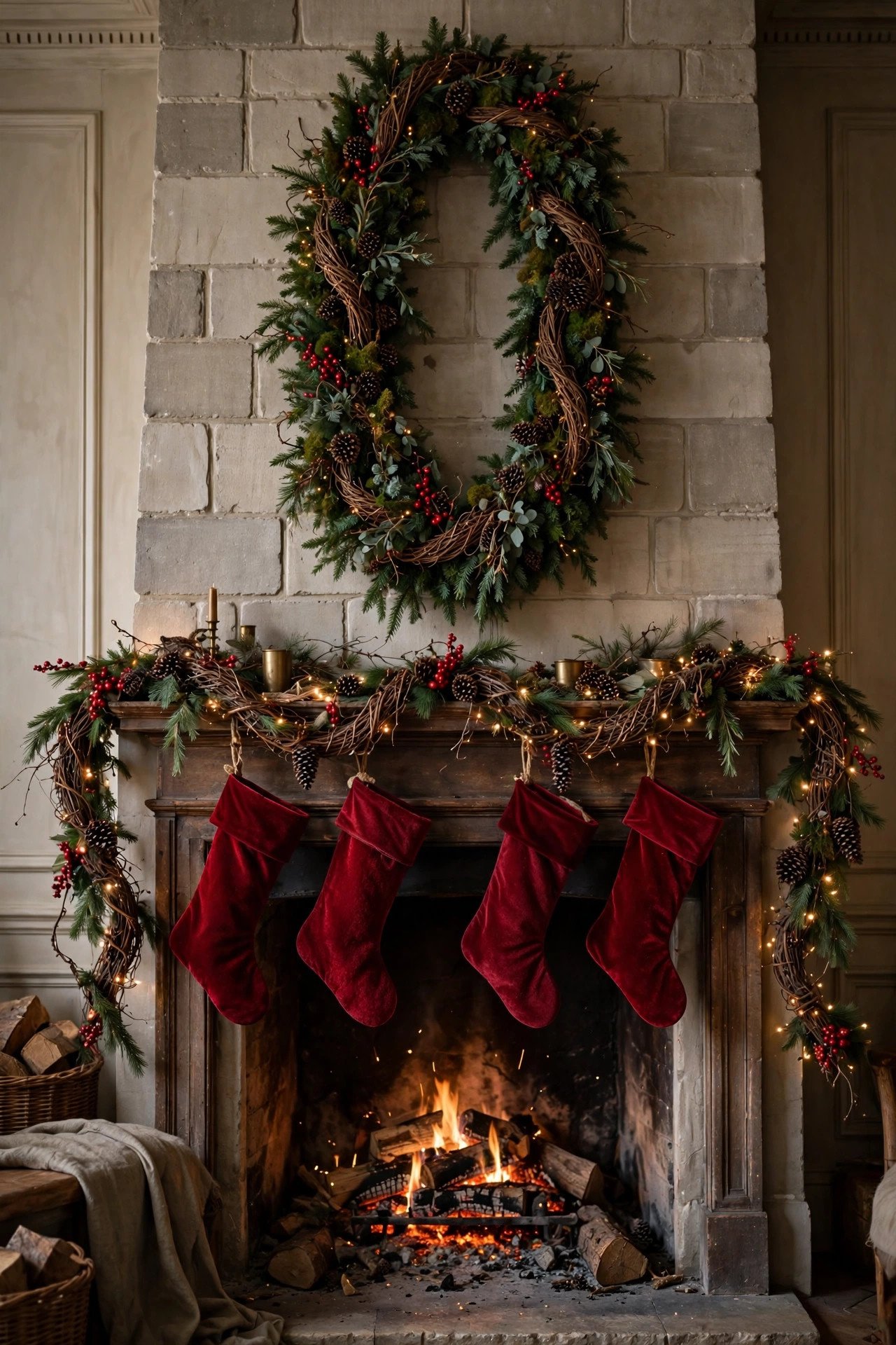 Grand Christmas Fireplace Decor with grapevine garland, red velvet stockings and crackling fire with warm fairy lights