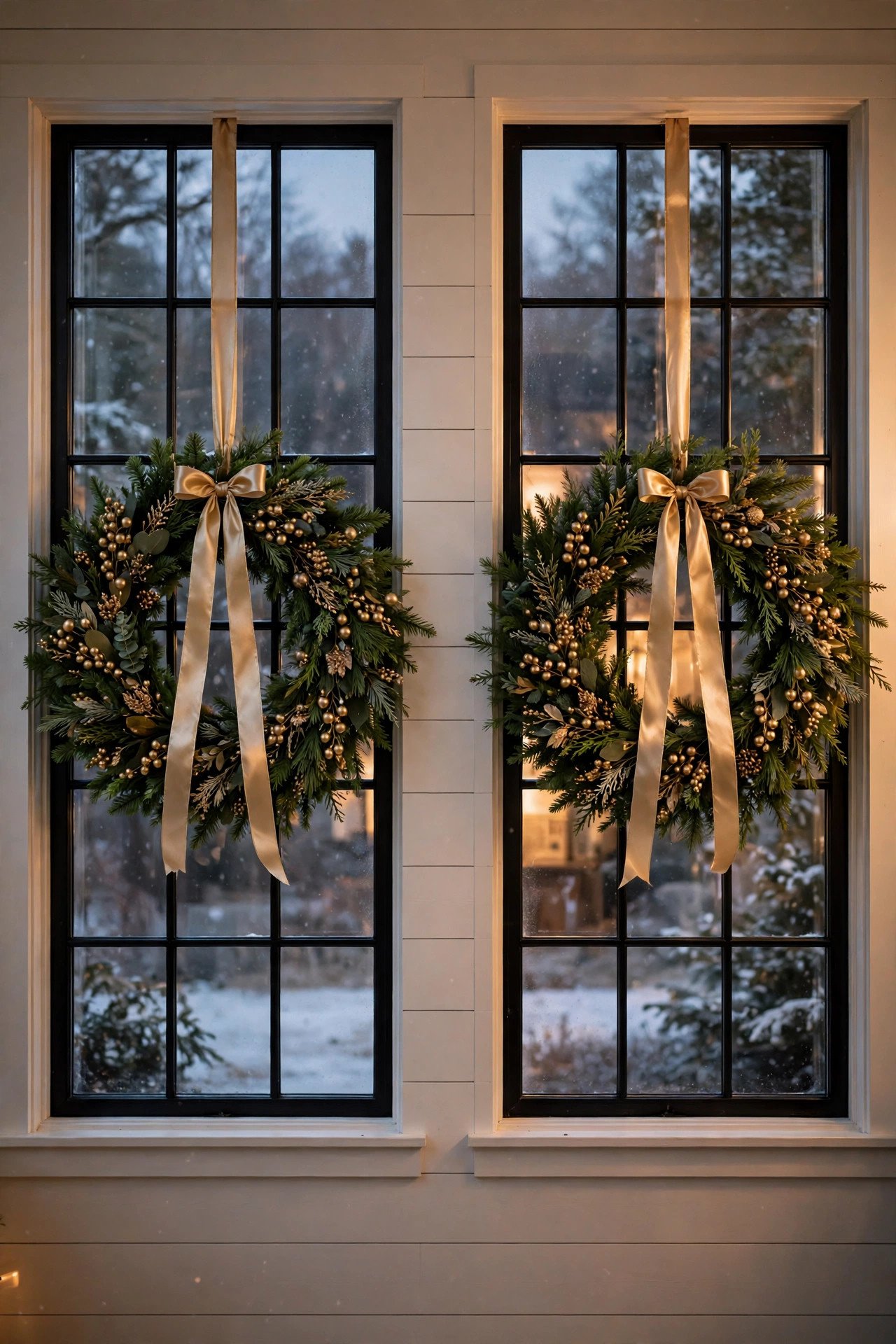 Pair of gold-accent Christmas wreaths on tall windows