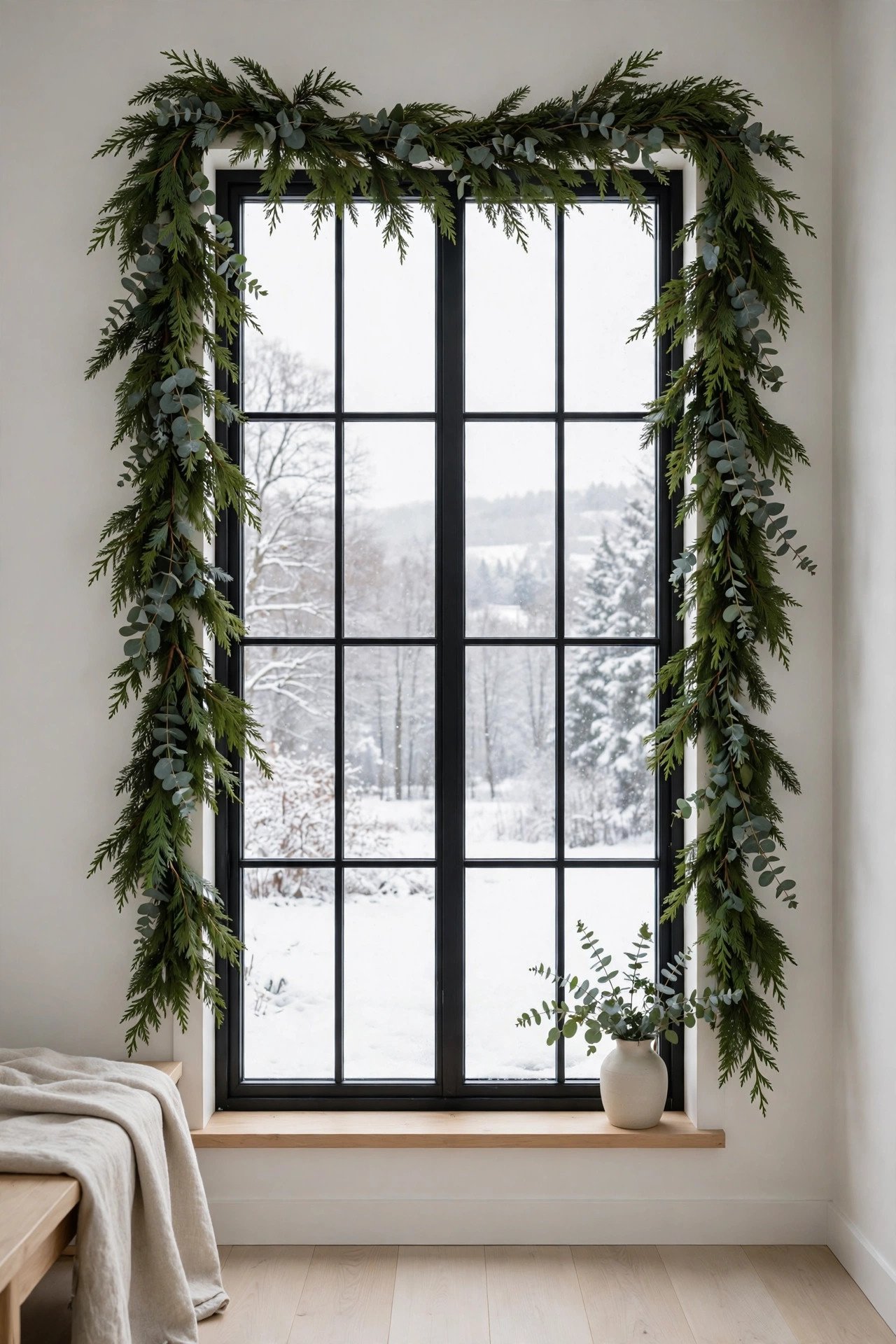 Christmas Garland Ideas: fresh cedar and eucalyptus garland framing a tall farmhouse window with a snowy winter view, minimal Scandinavian interior