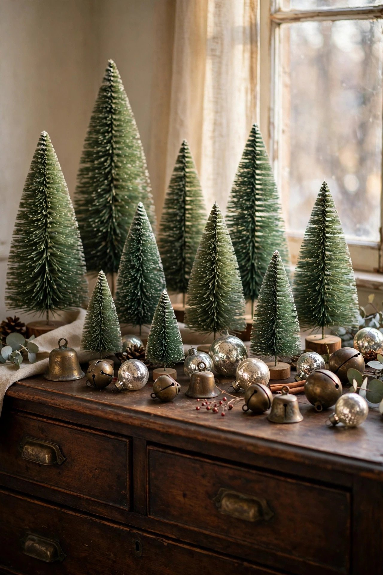Bottle-brush Christmas trees and antique brass bells arranged on a wooden sideboard by a window — vintage christmas decor
