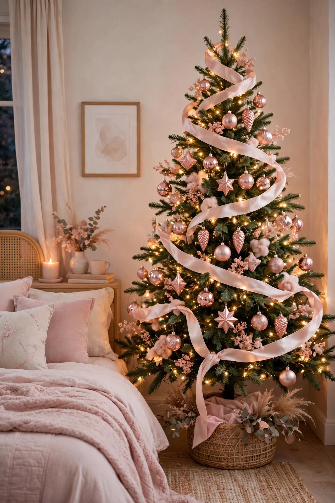 Blush pink satin Christmas tree ribbon spirals on a decorated bedroom tree