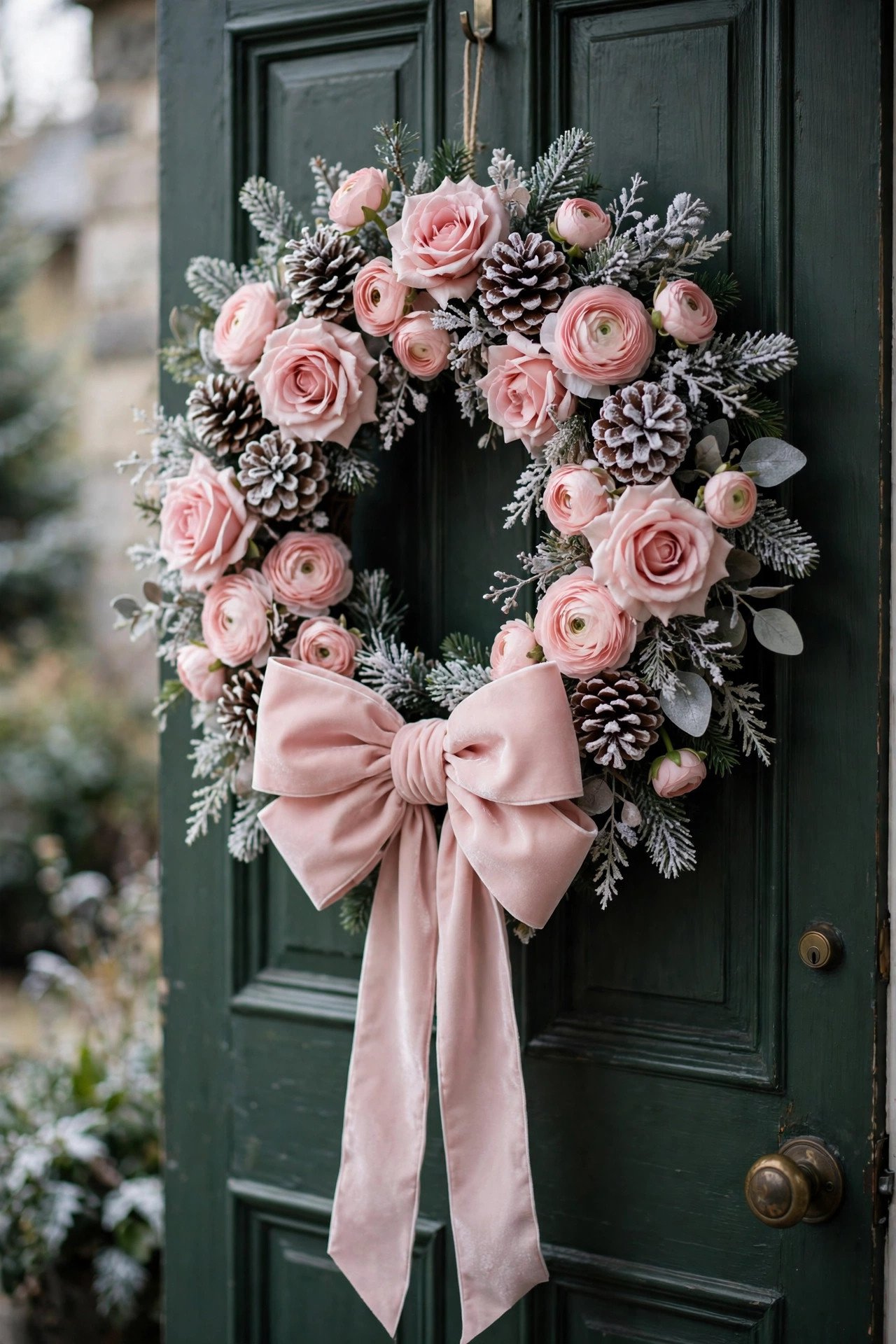 Pink Christmas wreath on a front door with faux roses, flocked pinecones and a large blush velvet bow
