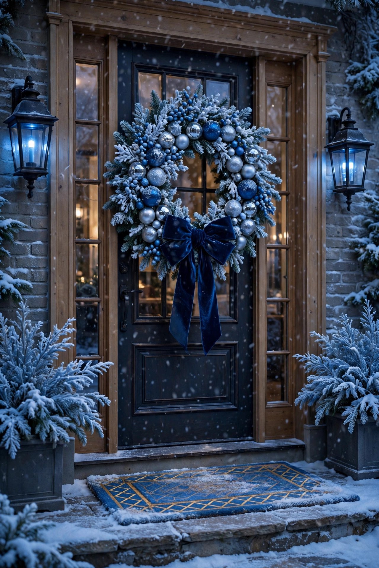 Blue Christmas wreath on a front door with frosted evergreen, icy blue berries, silver and cobalt ornaments and an oversized navy velvet bow