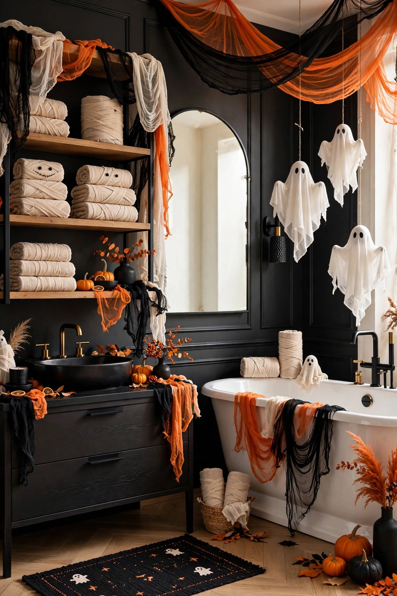 Playful Halloween bathroom with mummy-wrapped towels, ghost figures and cheesecloth drapes in black and orange