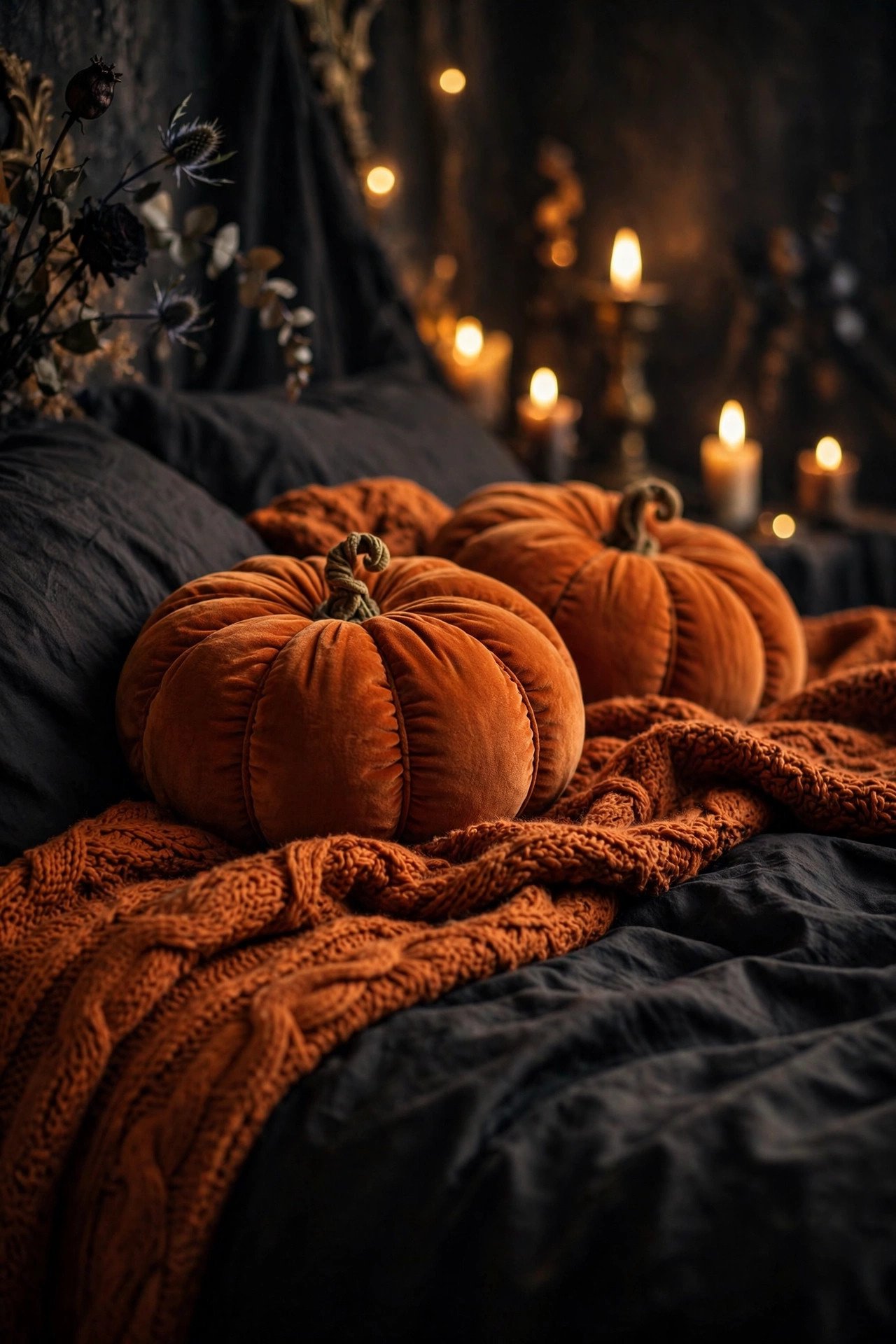 Close-up of moody orange-and-black bedding with pumpkin throw pillows and candlelight