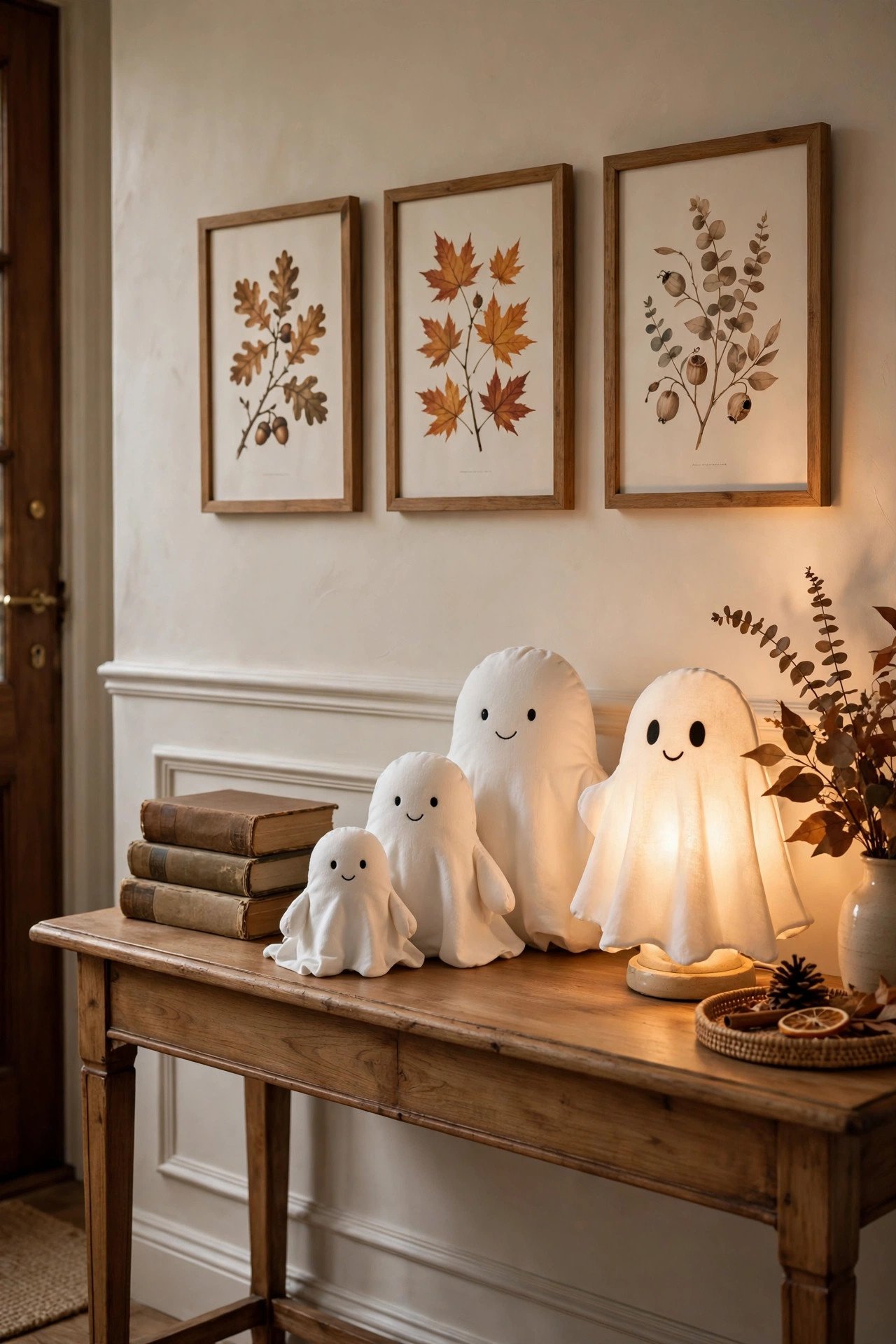Entryway console table styled with fabric ghost figures, vintage books and a glowing ghost lamp under autumn botanical prints