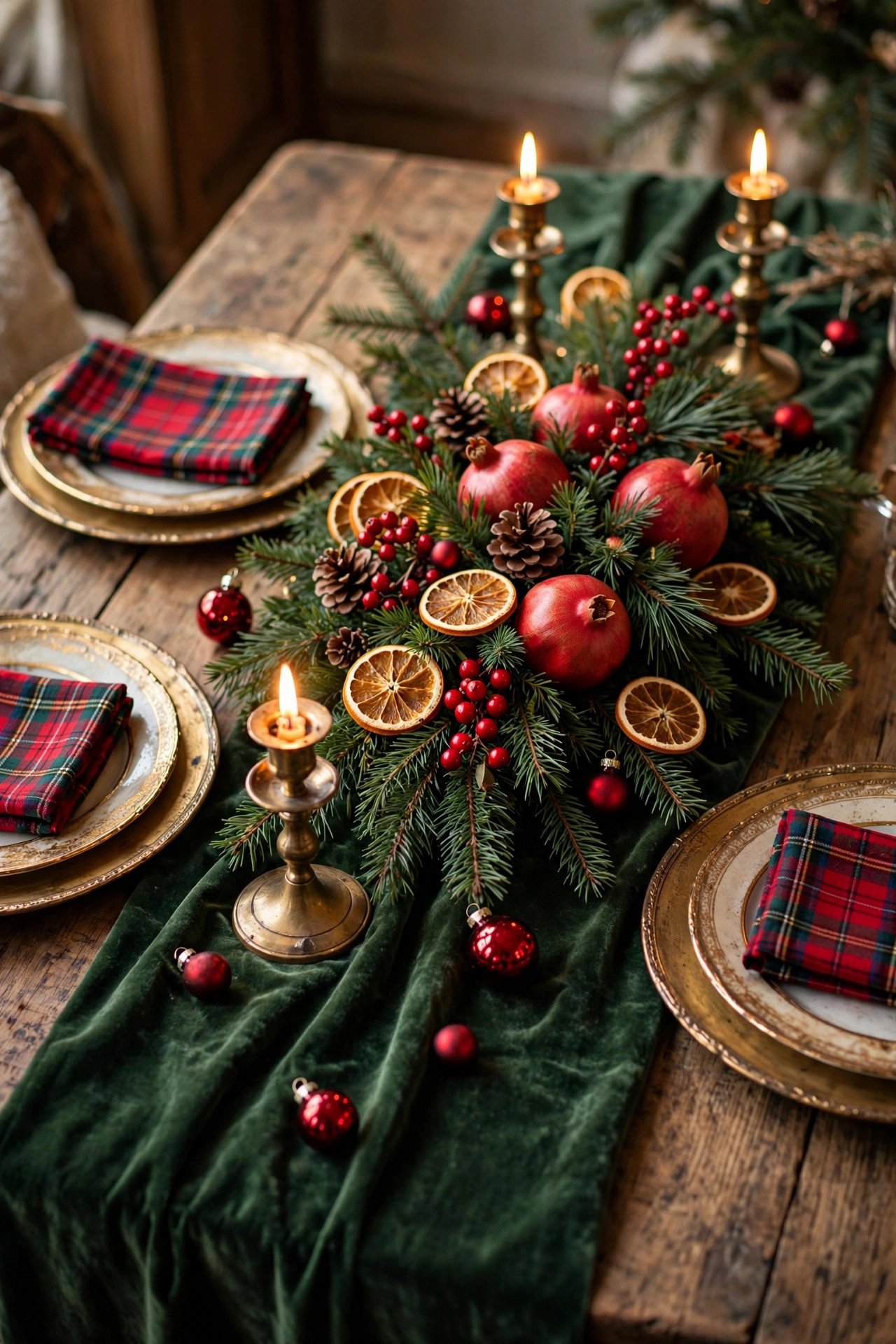 Traditional red and green Christmas Tablescape Ideas with tartan napkins, brass candle holders and berry centerpiece (art-1-img-5-1004.jpg)