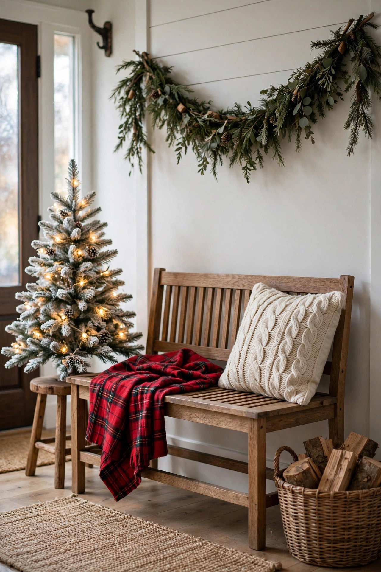 Christmas Entryway Decor with a styled foyer vignette — wooden bench, plaid throw, basket and small flocked tree (art-1-img-5-1005.jpg)
