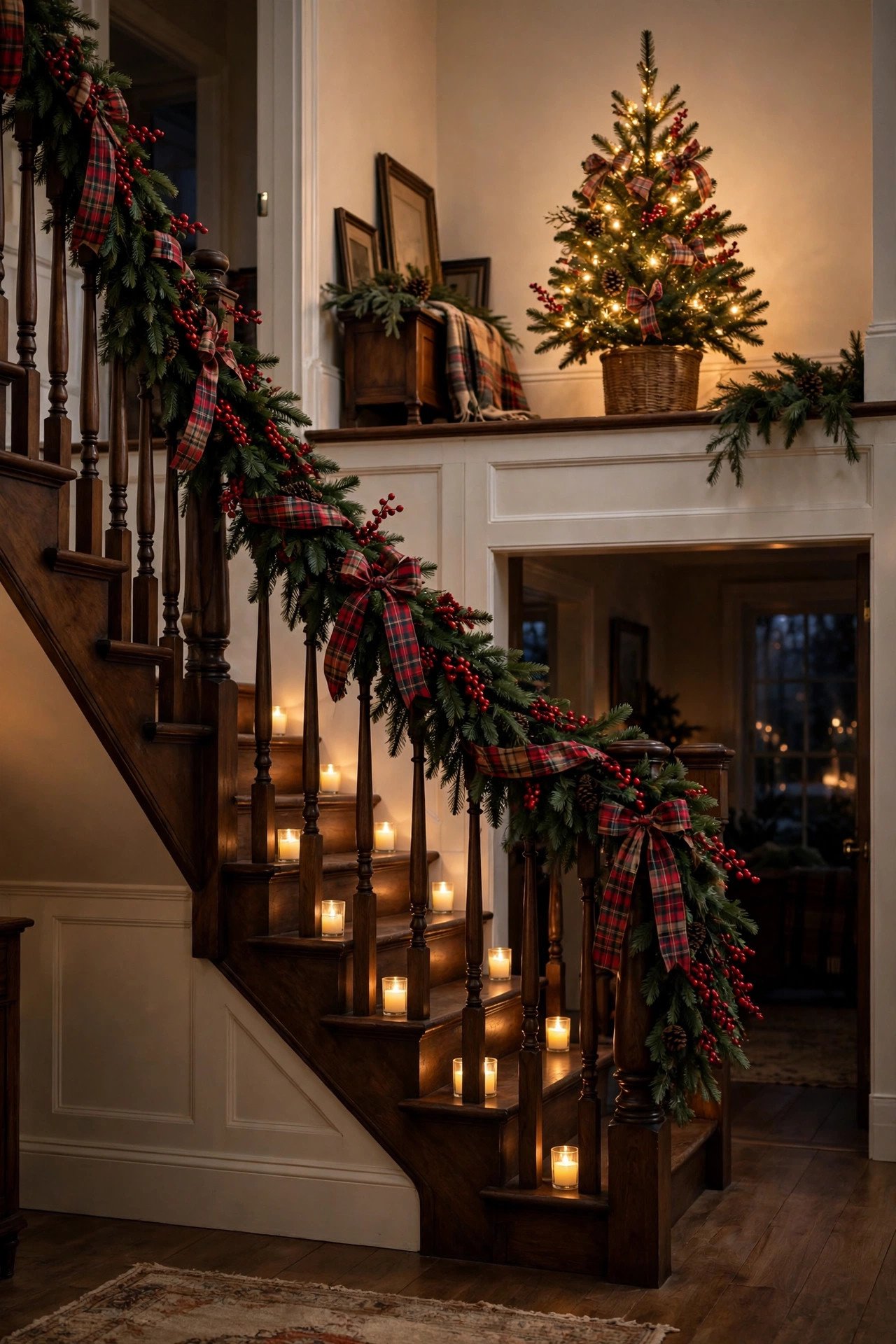 Traditional Christmas staircase decor with red berry garland, plaid bows and glowing candles on dark wood steps beside a mini tree