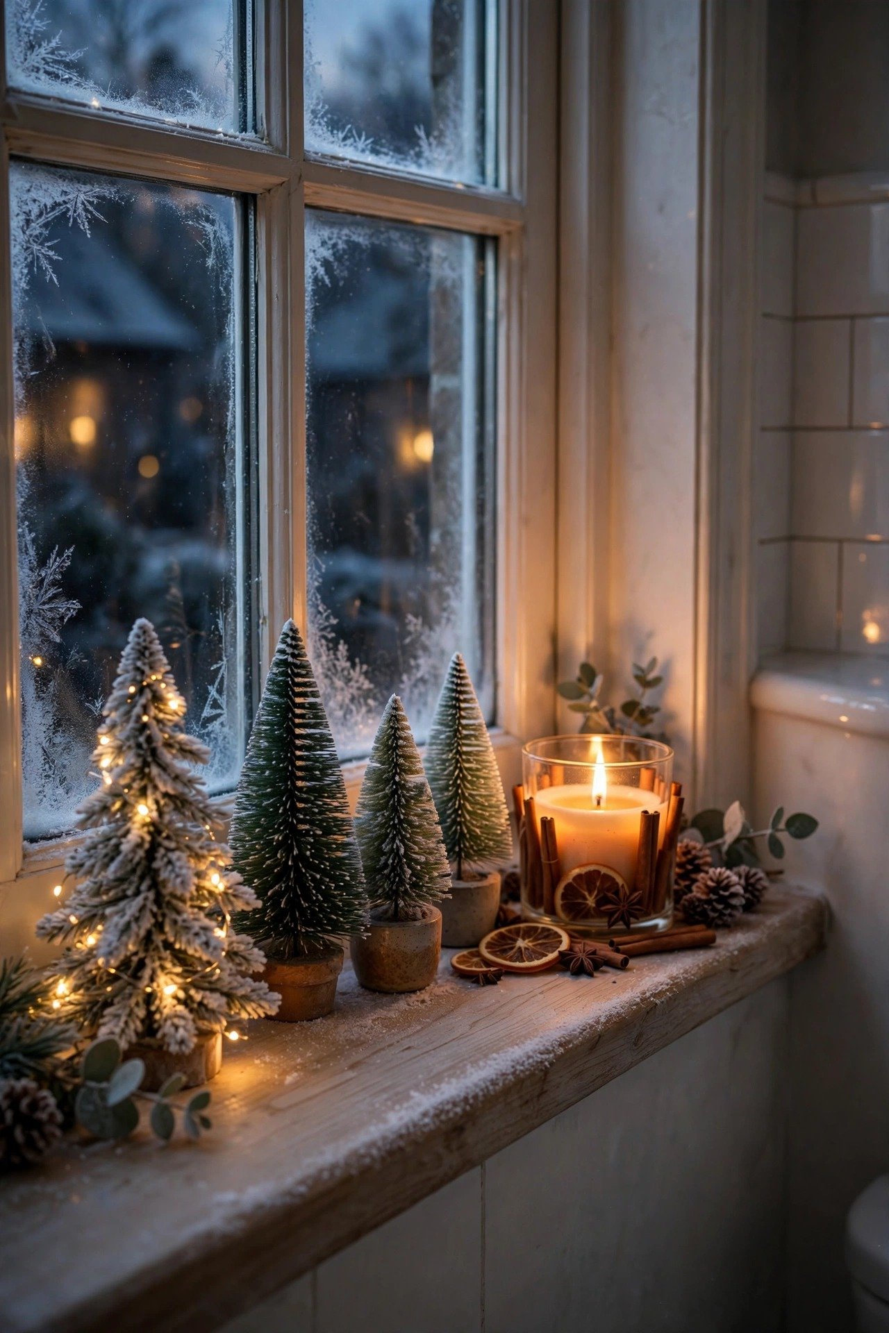 Bathroom windowsill with frosted mini Christmas tree and warm fairy lights, cozy holiday windowsill decor