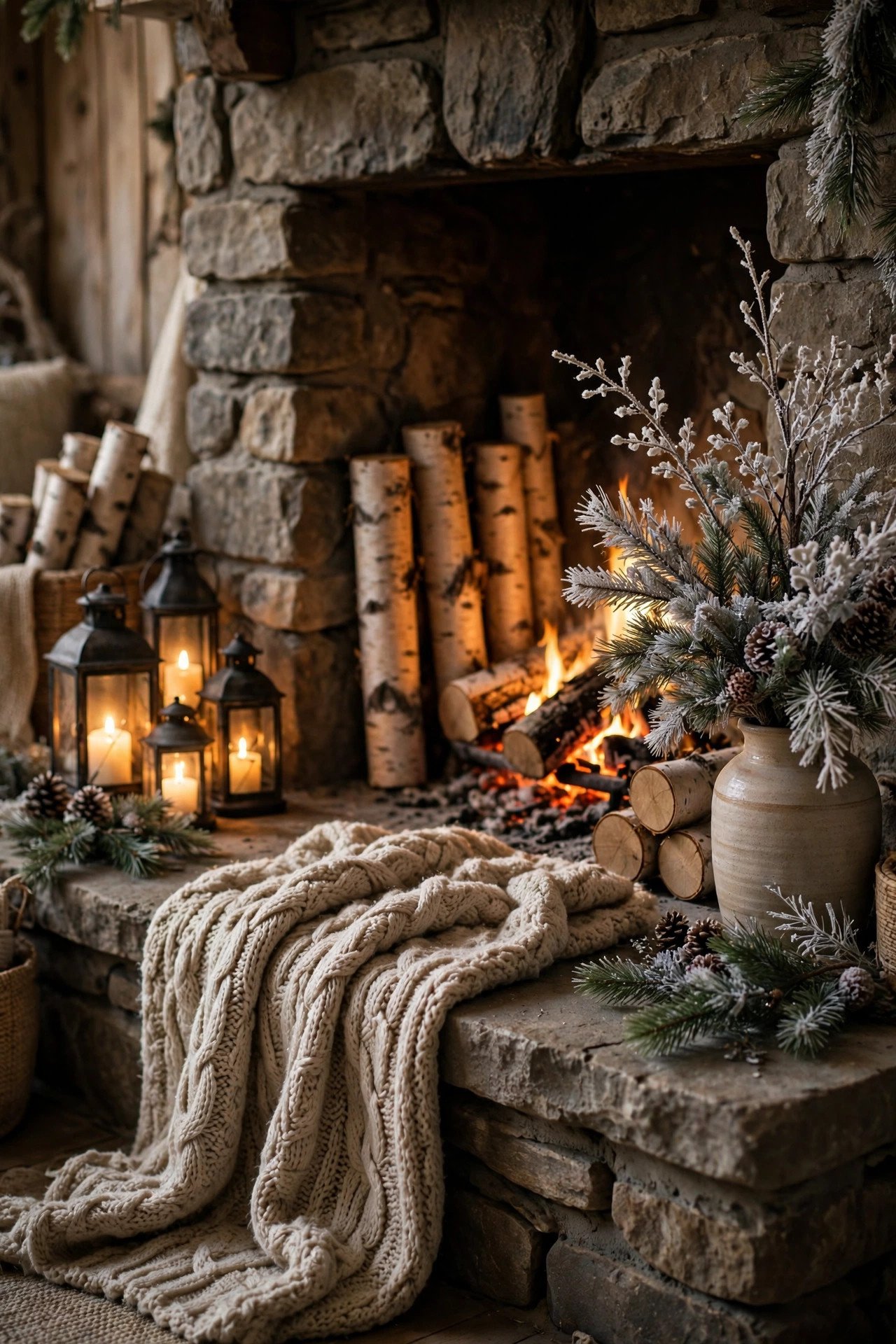 Rustic Christmas Fireplace Decor hearth with glowing lanterns, frosted branches and a cozy knit throw in warm firelight