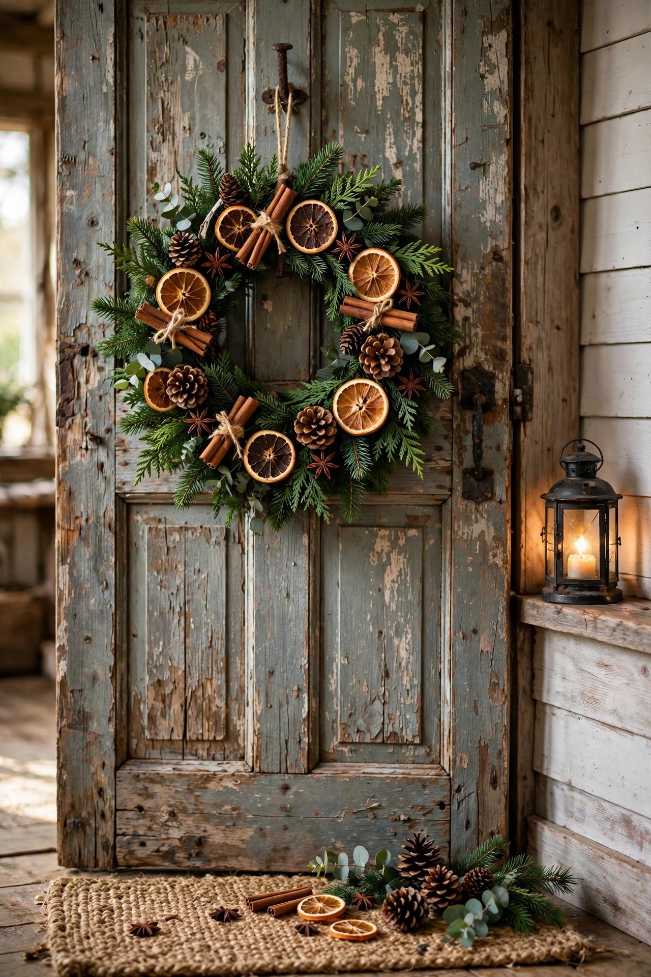 Rustic DIY Christmas wreath with dried oranges and cinnamon on a weathered door